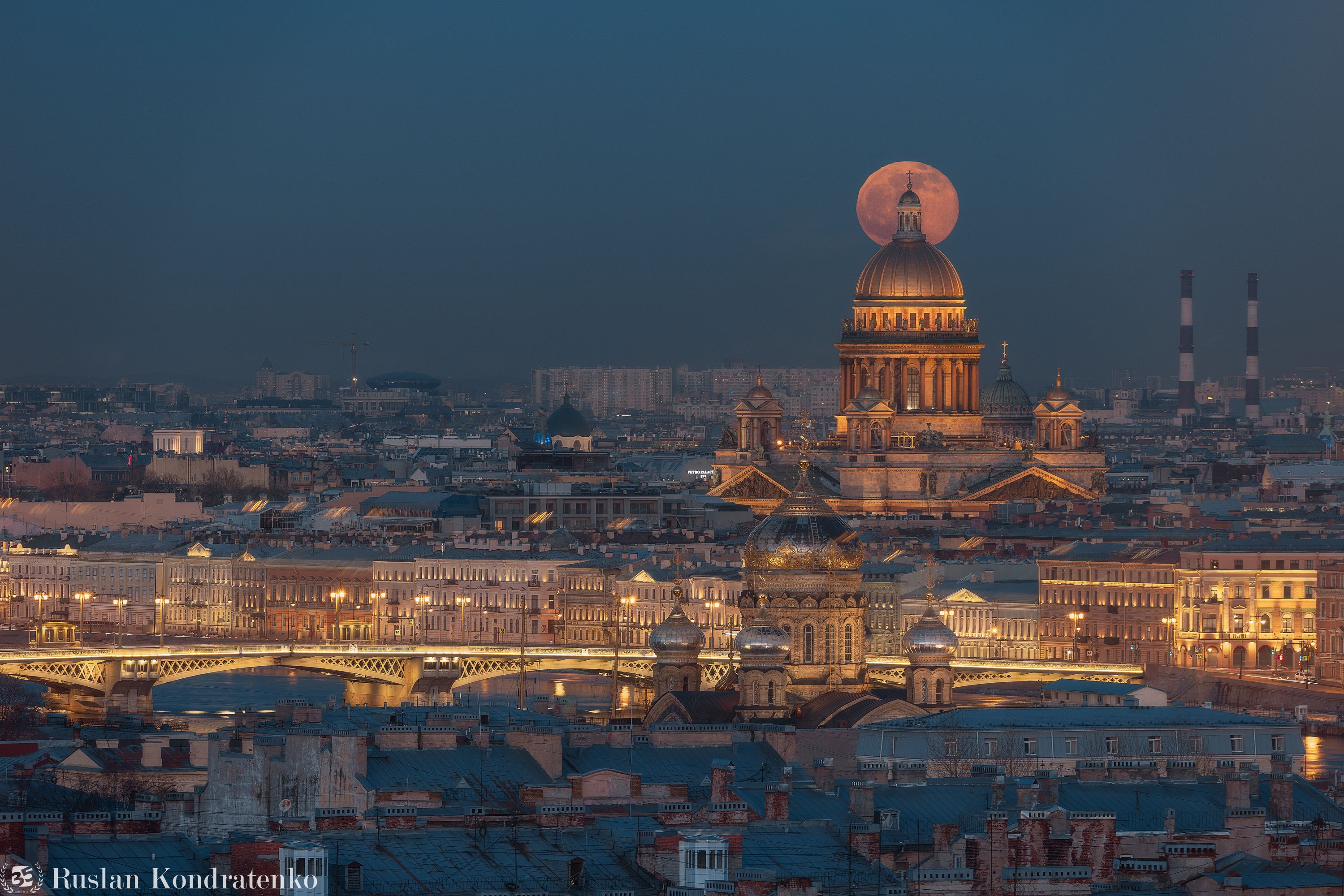 санкт-петербург, луна, полнолуние, восход луны, прострел, заход луны, исаакиевский собор, казанский собор, невская ратуша, церковь успения пресвятой богородицы, Кондратенко Руслан