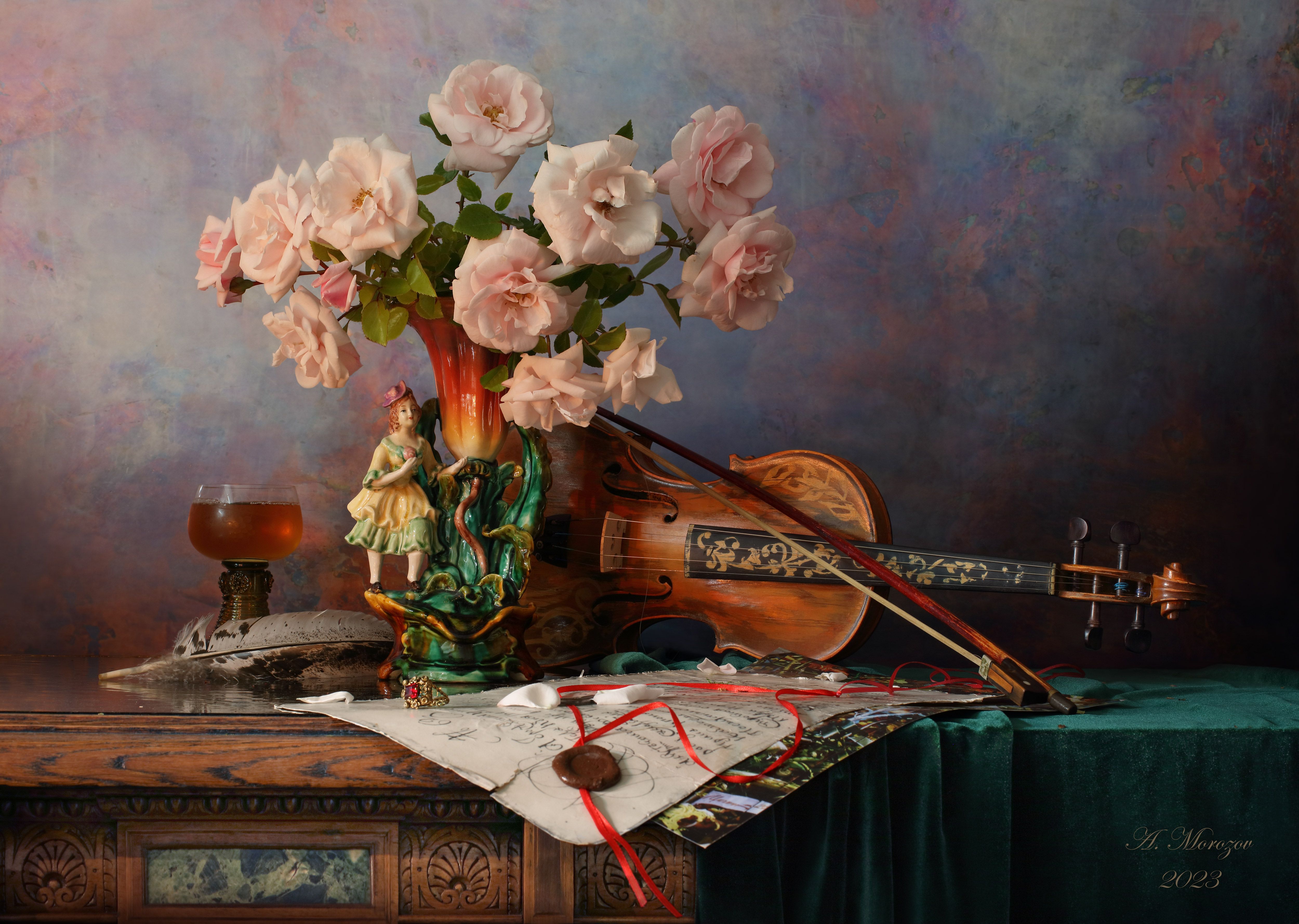 цветы, розы, скрипка, музыка, ваза, девушка, скульптура, Андрей Морозов