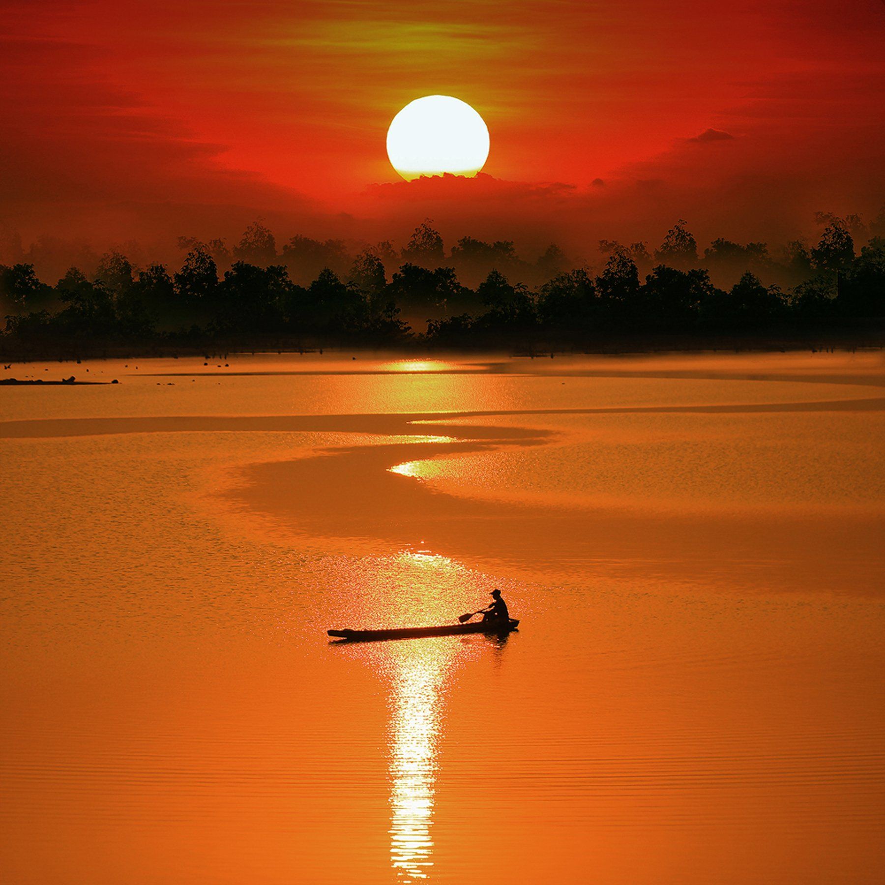 Red, Sunset, Thailand, Scenics, Sea, Silhouette, Color Image, Sun, Cloud - Sky, Fisherman, Fishing, Orange Color, One Person, Fishing Boat, On The Move, Reflection, Adult, Adults Only, Beauty In Nature, Distant, Nature, One Man Only, Outdoors, People, Pho, sarawut intarob