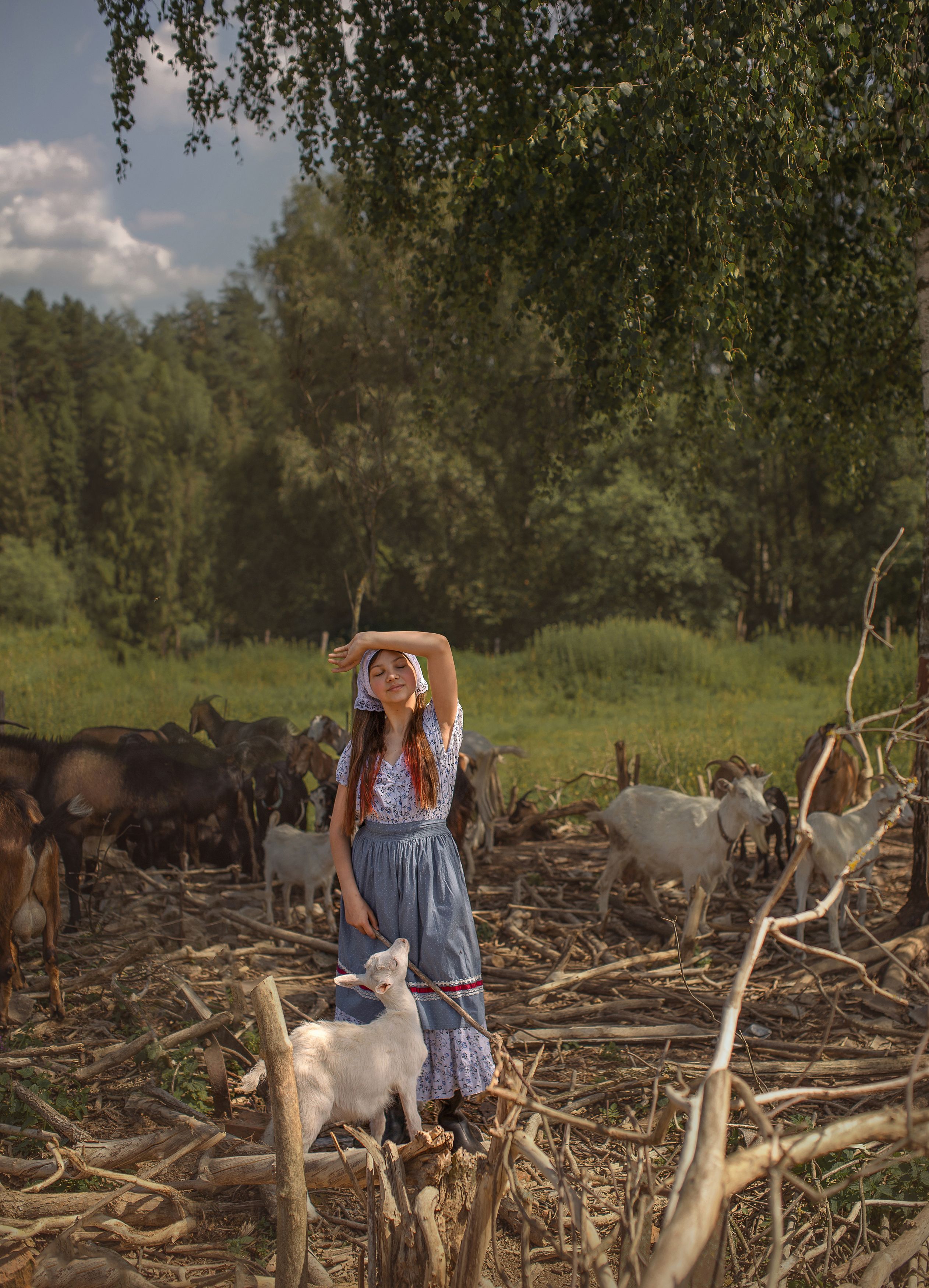 девочка ферма хозяюшка коза корова животные лето солнца деревня фотография, Шепелева Татьяна