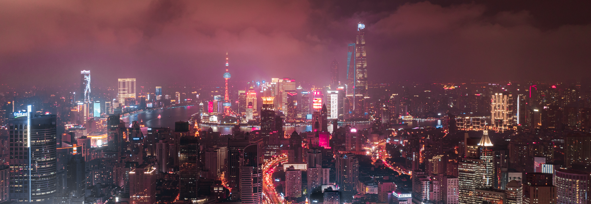 tall buildings, cityscape photography, glowing city lights, urban metropolis, pink-red clouds, vibrant city skyline, shanghai skyscrapers, iconic landmarks, urban night scene, milky cityscape, magenta city lights, river cutting metropolis, shanghai citysc, Druz Denys