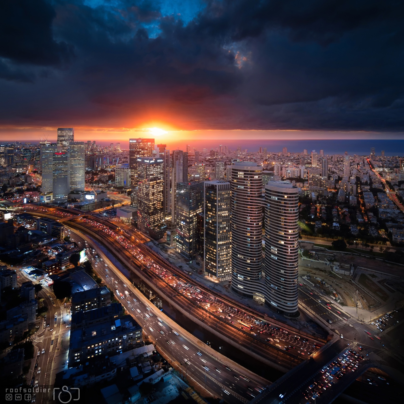 Tel aviv, Israel, city, urban, architecture, cityscape, above, sunset, sunrise, skyscraper, roofer, roof, Голубев Алексей
