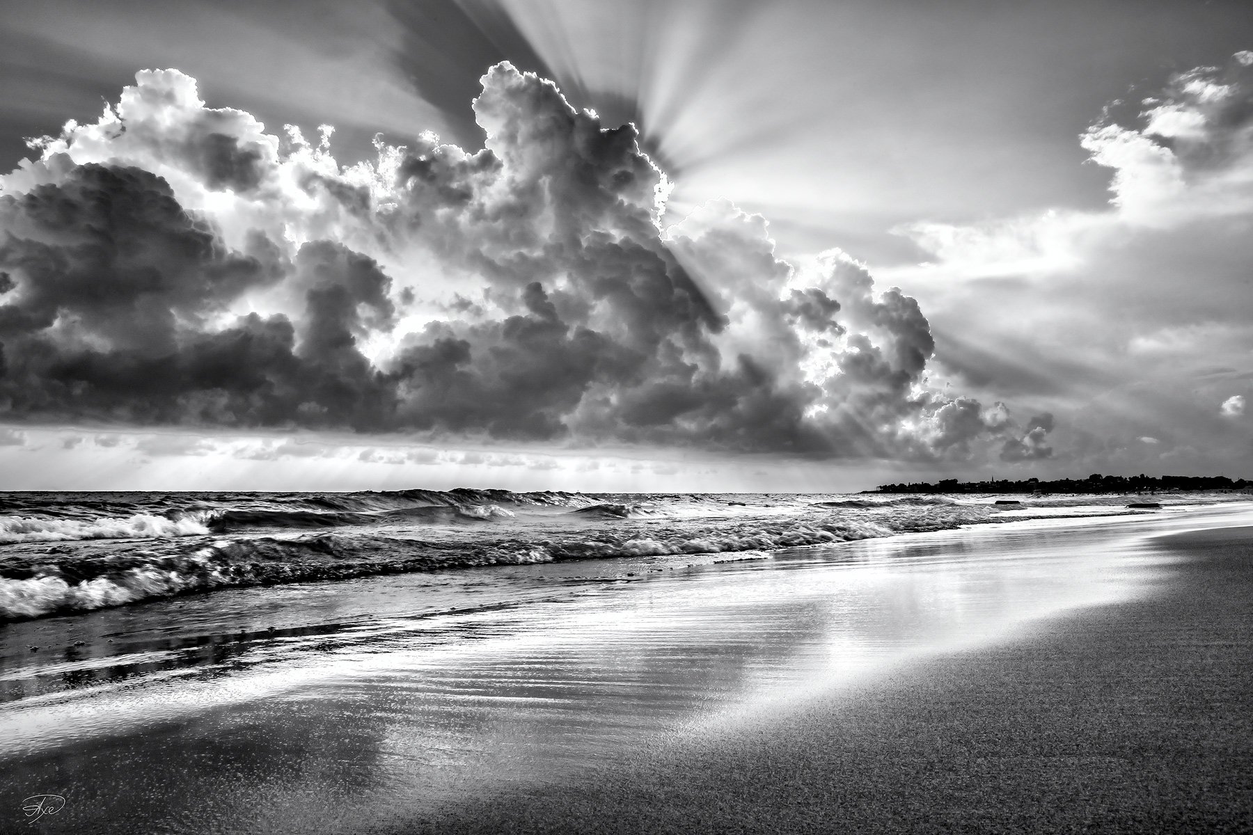 Black and white, Clouds, Sea, Seascape, Summer, Sunbeam, Руслан Болгов (Axe)
