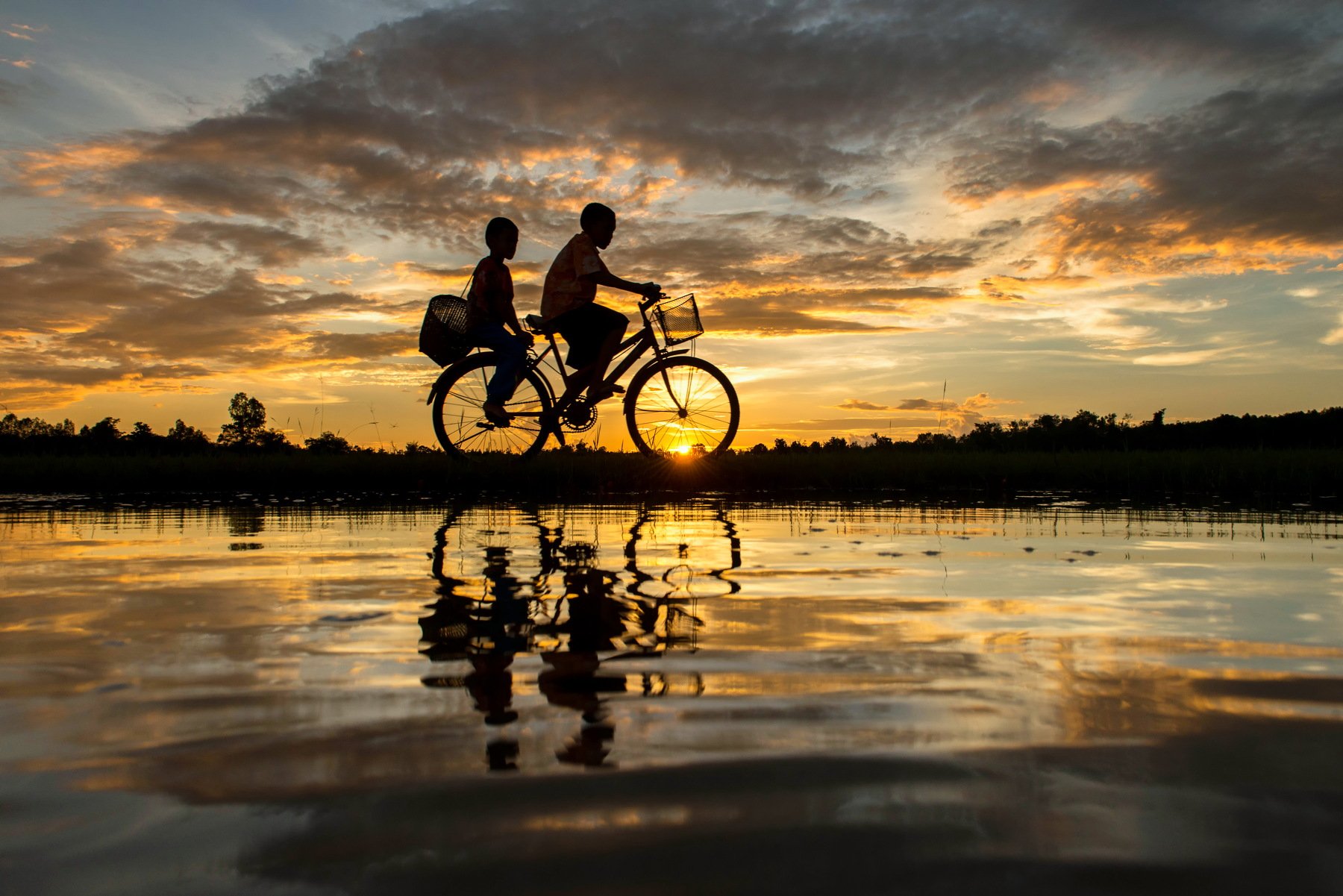 Cycling, Bicycle, Scenics, Sunset, Reflection, Lake, People, Two People, Nature, Silhouette, Thailand, Atmospheric Mood, Beauty In Nature, Cloud - Sky, Color Image, Horizontal, On The Move, Outdoors, Photography, Sky, Sunlight, Togetherness, Transportatio, sarawut intarob