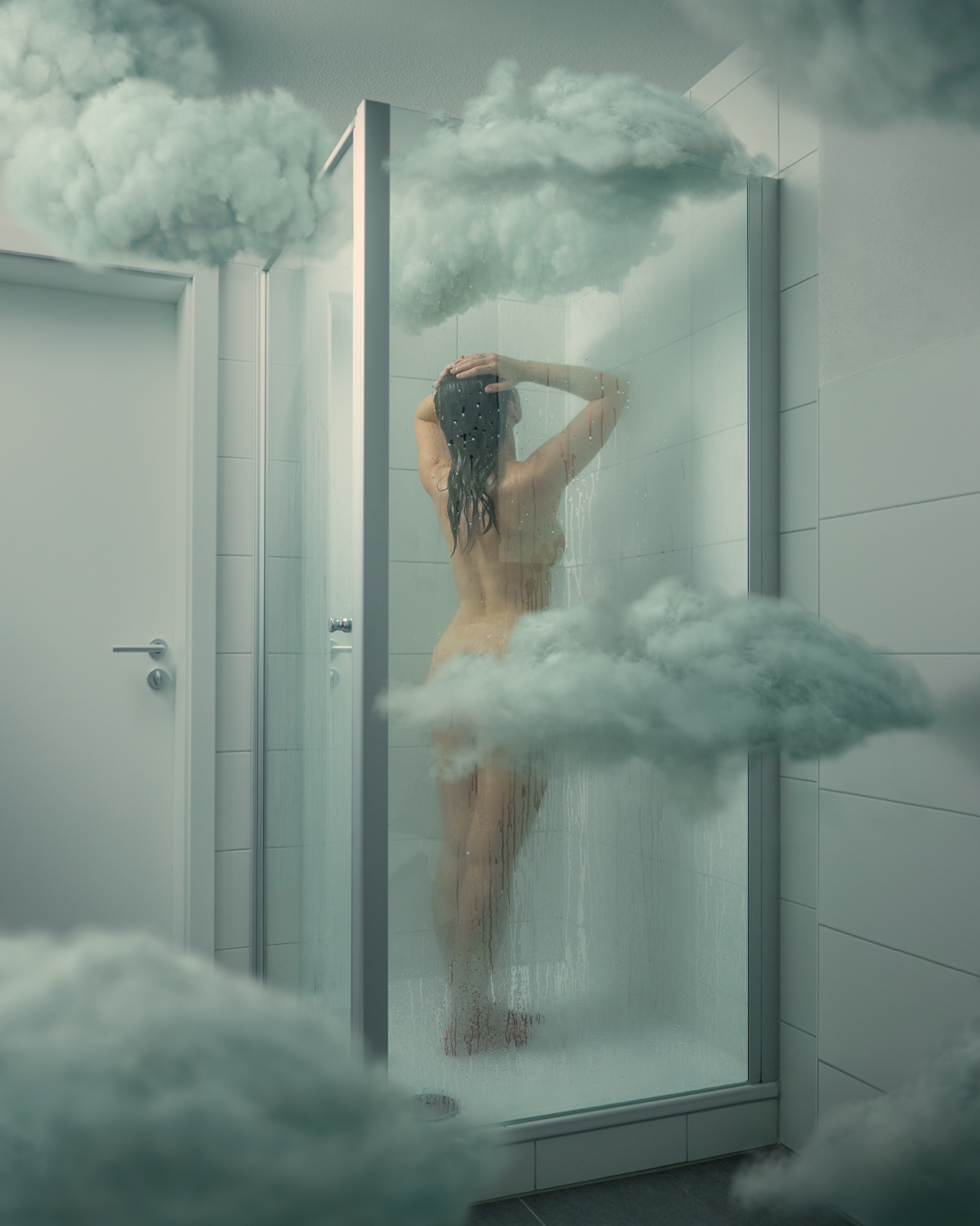облака, душ, ню, тучи, вода, Natalie Seitner