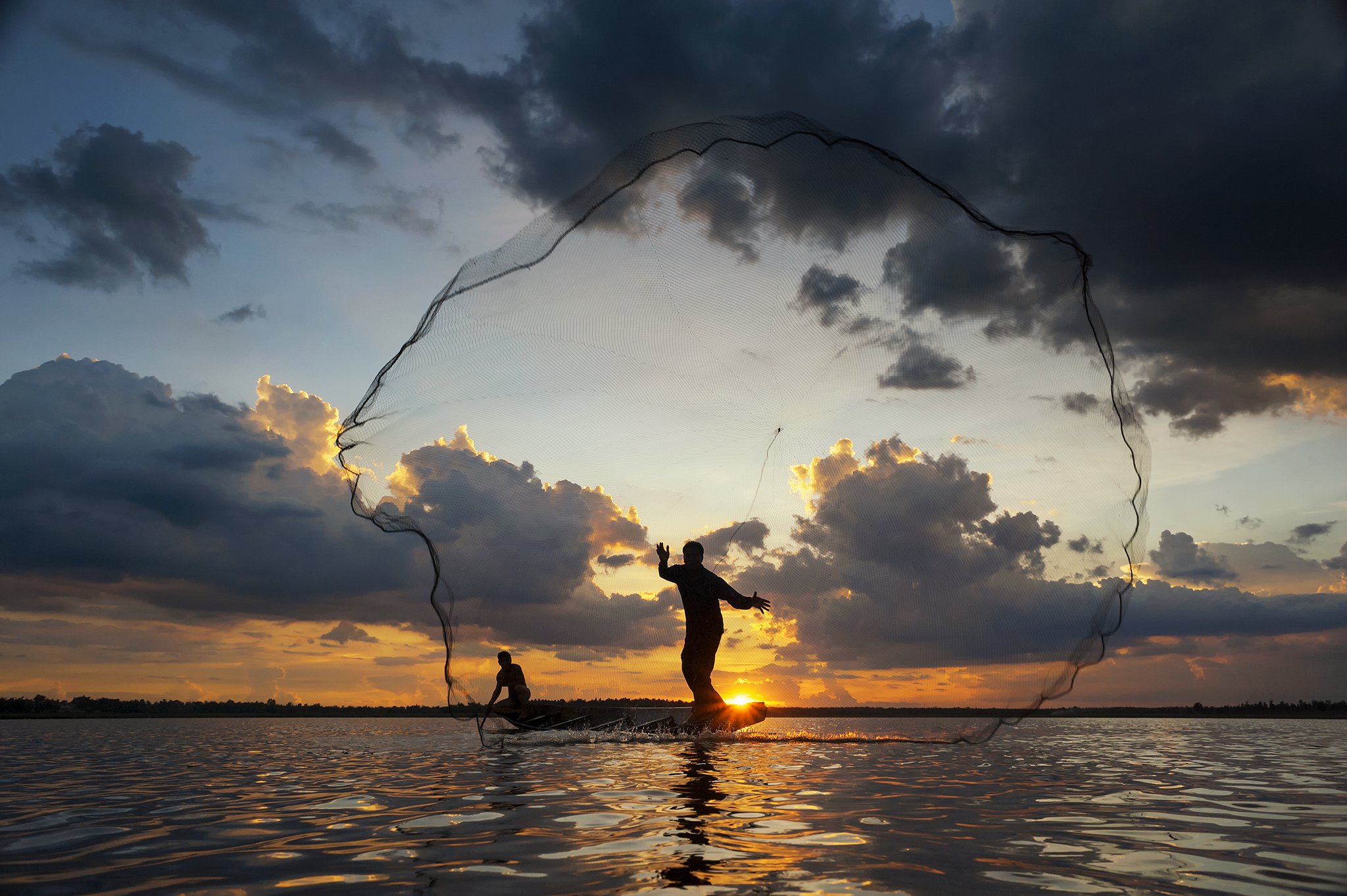 Action, Asia, Asian, Clouds, Colors, Concept, Culture, Fish, Fisherman, Fishing, Kingfisher, Moment, Nets, Ocean, Sea, Sky, Sun, Sunlight, Sunrise, Sunset, Water, Saravut Whanset