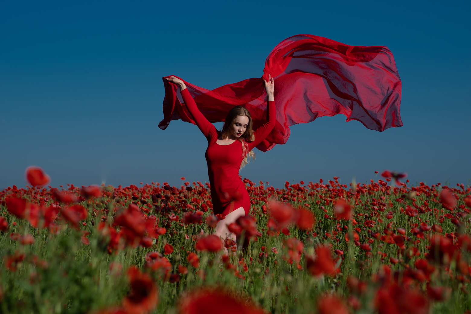 маки, поле, цветы, платье, красный, красное, небо, модель, Арсен Алабердов
