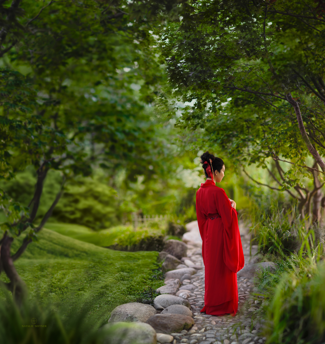 японка, Мулан, сказка, легенда, кимоно, красный, японский сад, Natalie Seitner