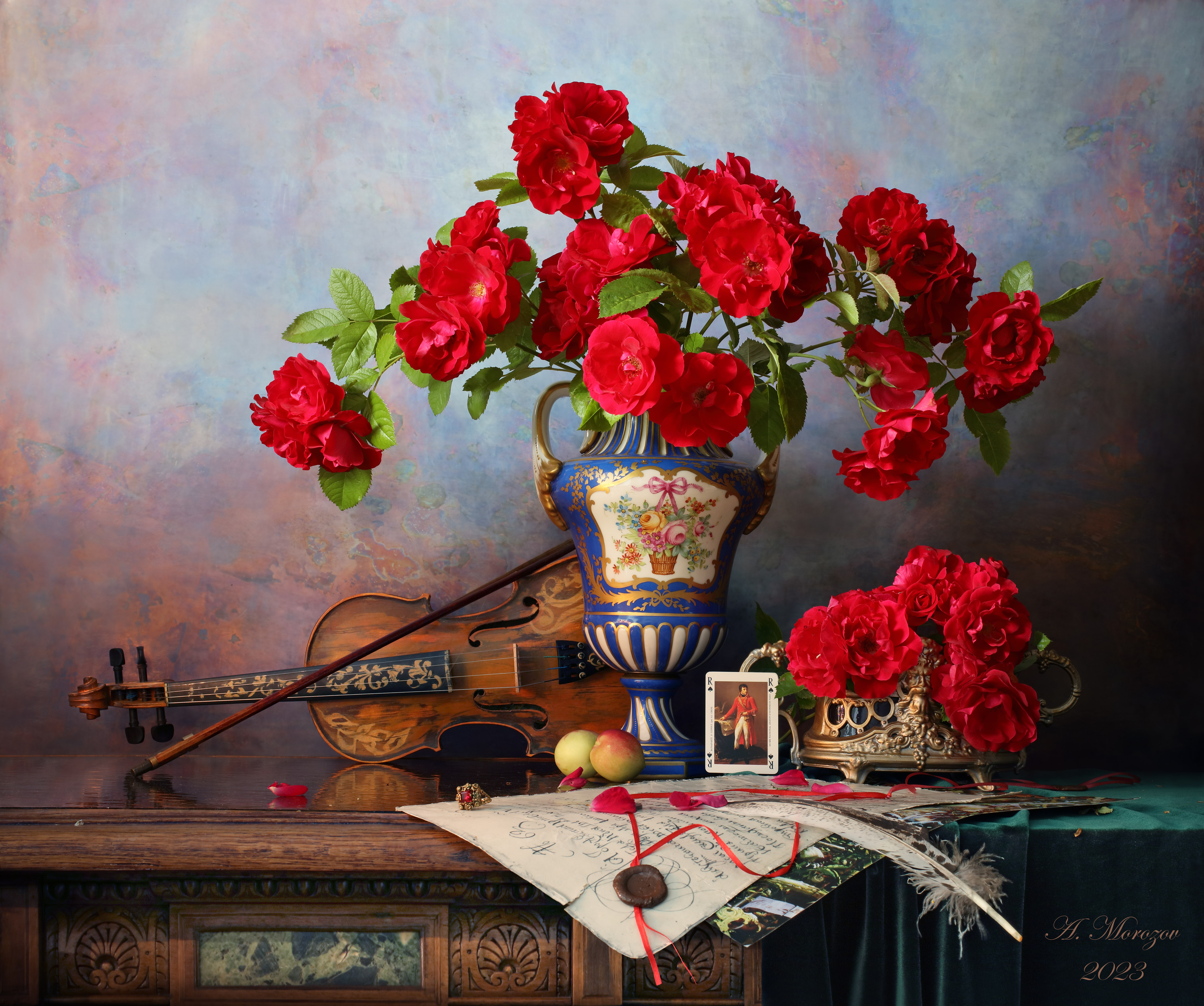 цветы, розы, скрипка, музыка, красный, Андрей Морозов