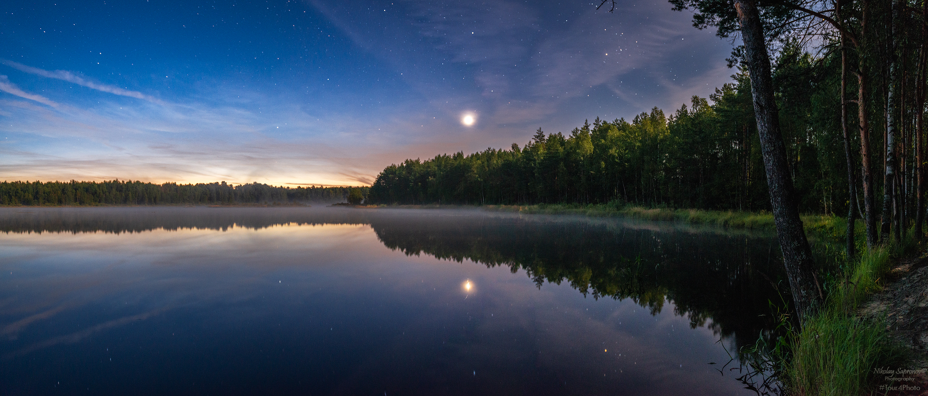 лесное озеро, сириус, звезды, звездное небо, летняя ночь, лунный свет, владимирская область, киржачский район, Николай Сапронов