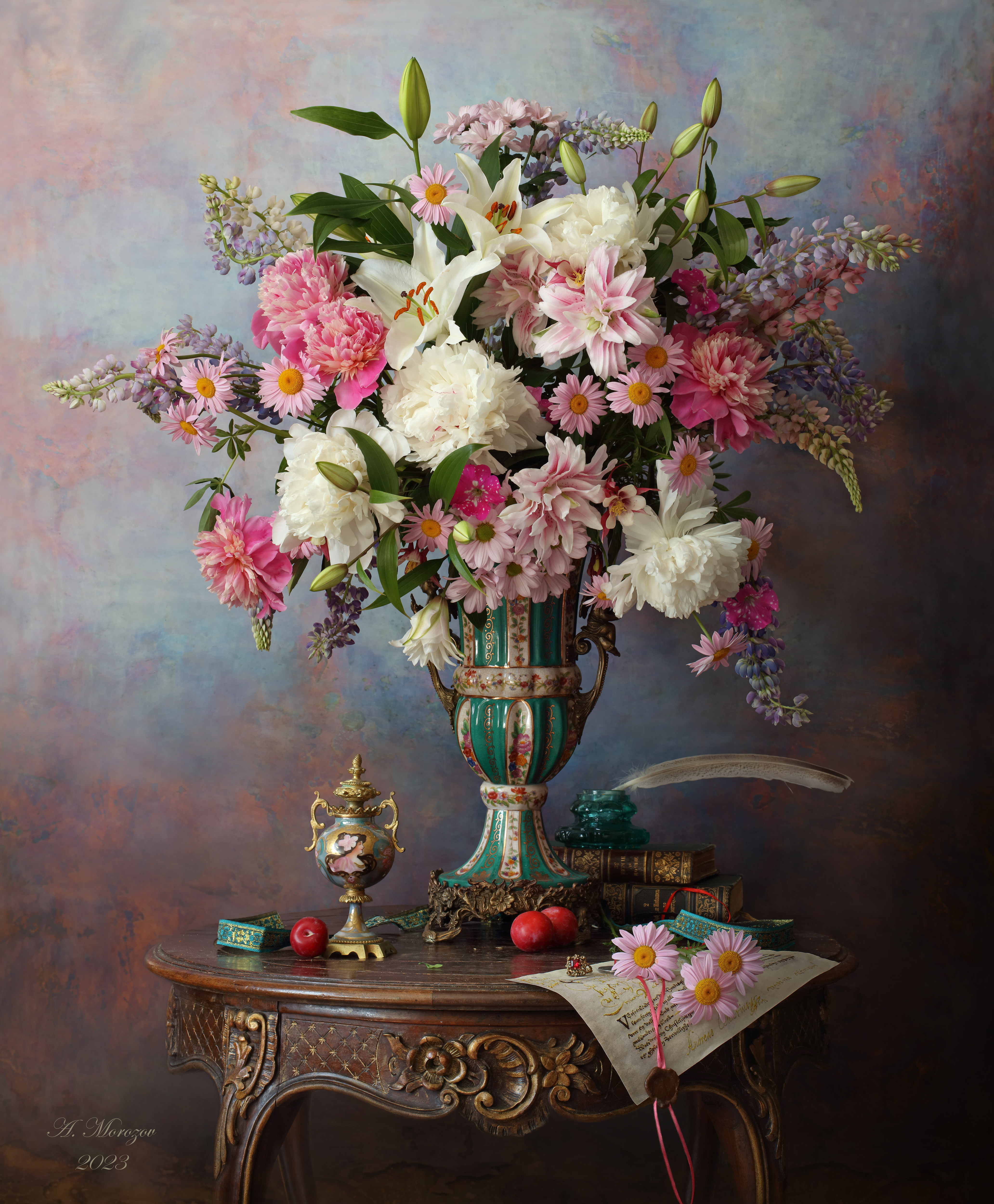 цветы, пионы, люпины, лилии, книги, стол, сливы, Андрей Морозов