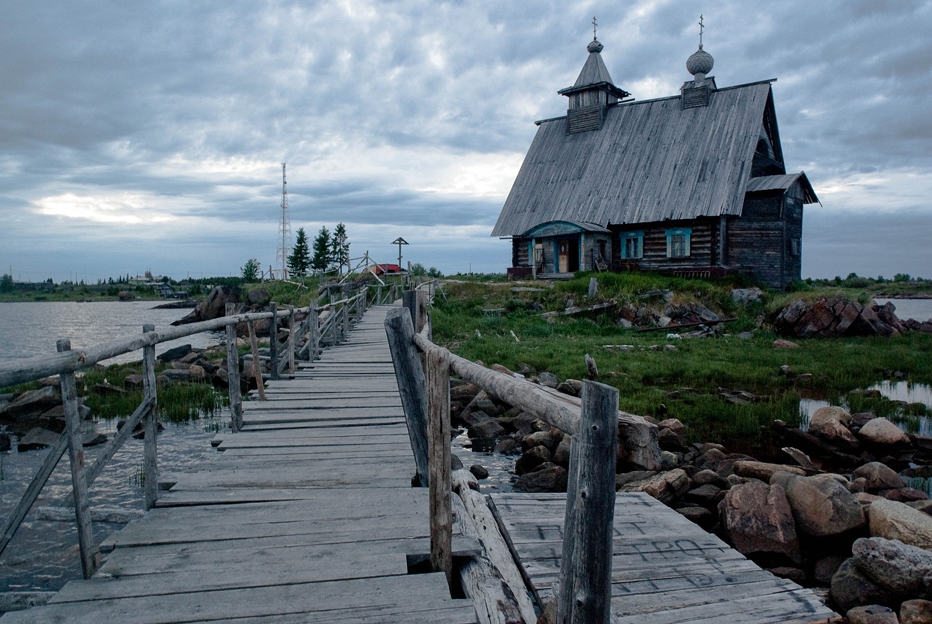 Island, White sea, landscape, seascape, church, bridge, wooden, sky, grey, blue, Russia, Илья Лифанов