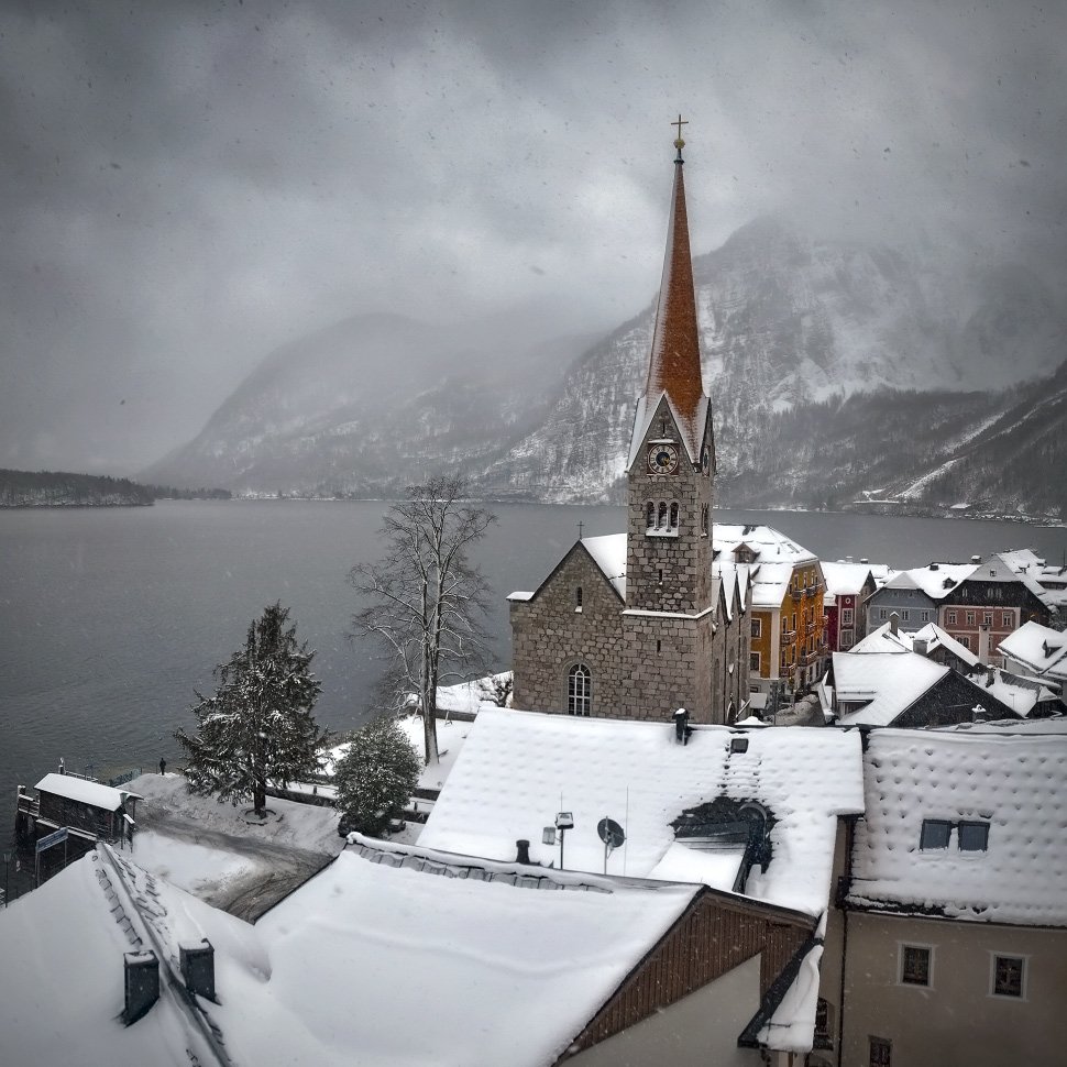 Austria, Church, Hallstatt, Lake, Old, Winter, Kolebidenko Vladimir