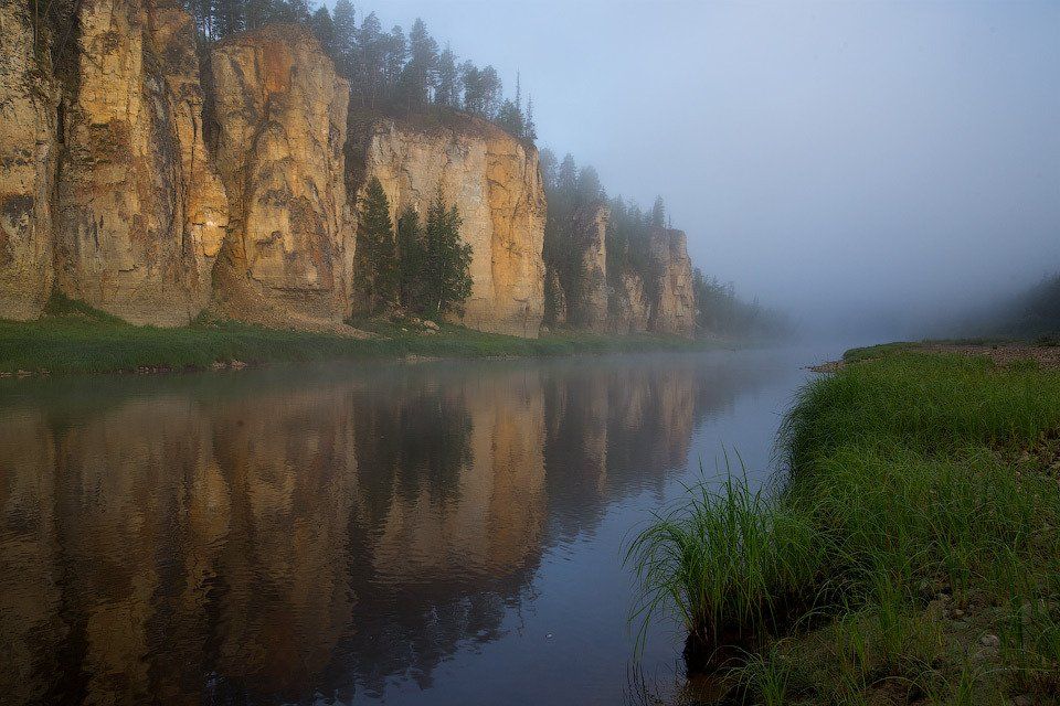 Река, Река Синяя, Синские столбы, Скалы, Туман, Утро, Якутия, Алексей Харитонов