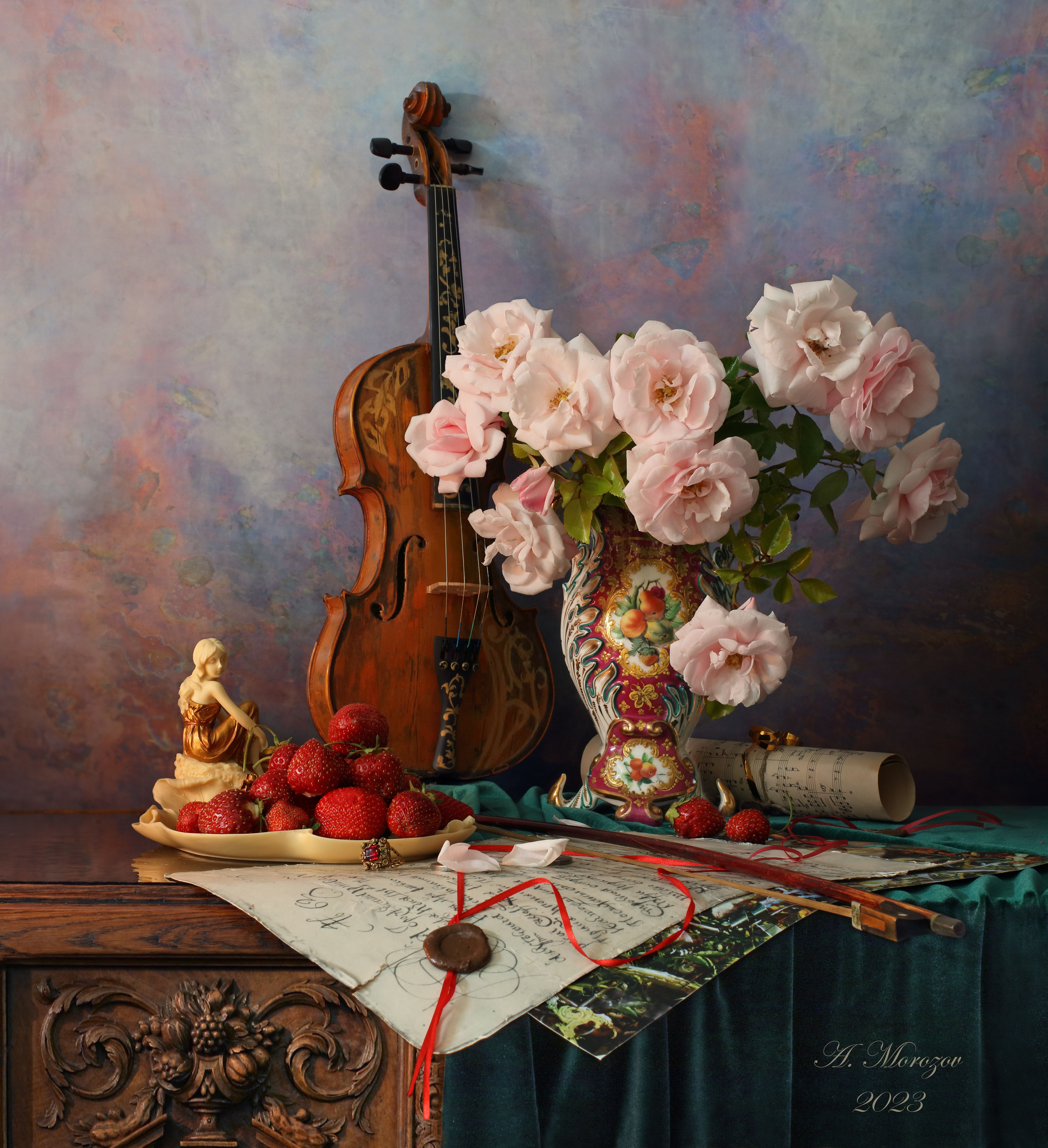 цветы, розы, ваза, скрипка, музыка, фрукты, ягоды, клубника, девушка, Андрей Морозов
