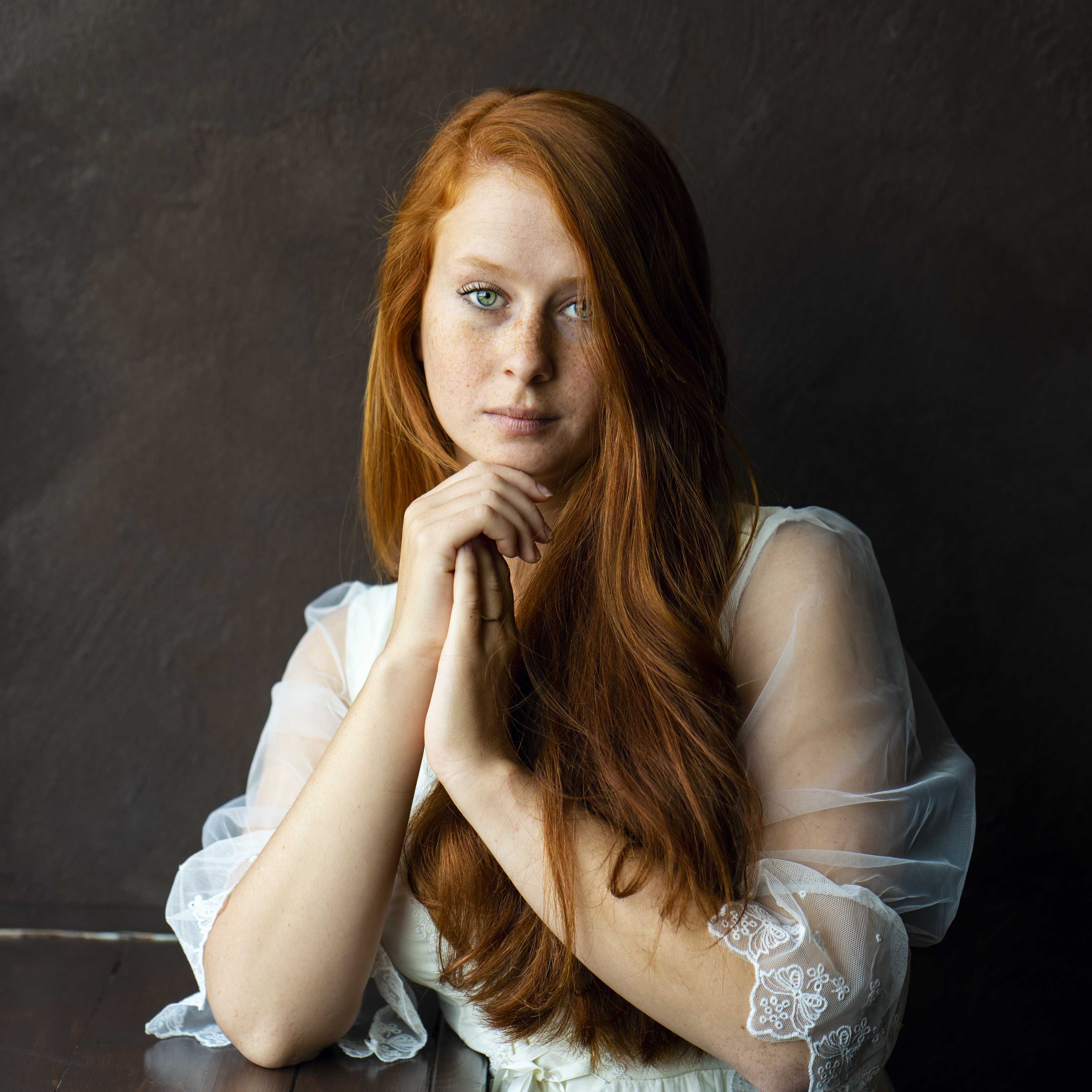attractive, beautiful woman, beauty, dress, fashion, female, femininity, front view, grace, headshot, individuality, indoors, looking at camera, one person, portrait, pose, redhead, sitting, studio shot, young women, Alex Tsarfin
