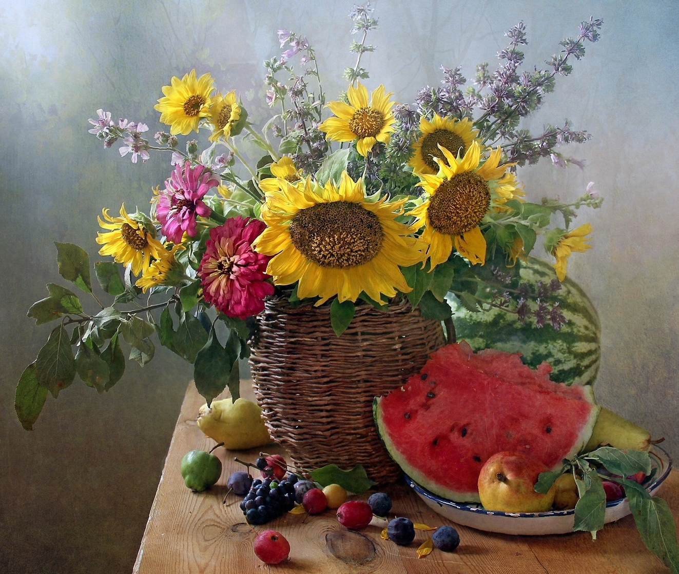 натюрморт, цветы, подсолнухи, лето, марина филатова, арбуз, Марина Филатова