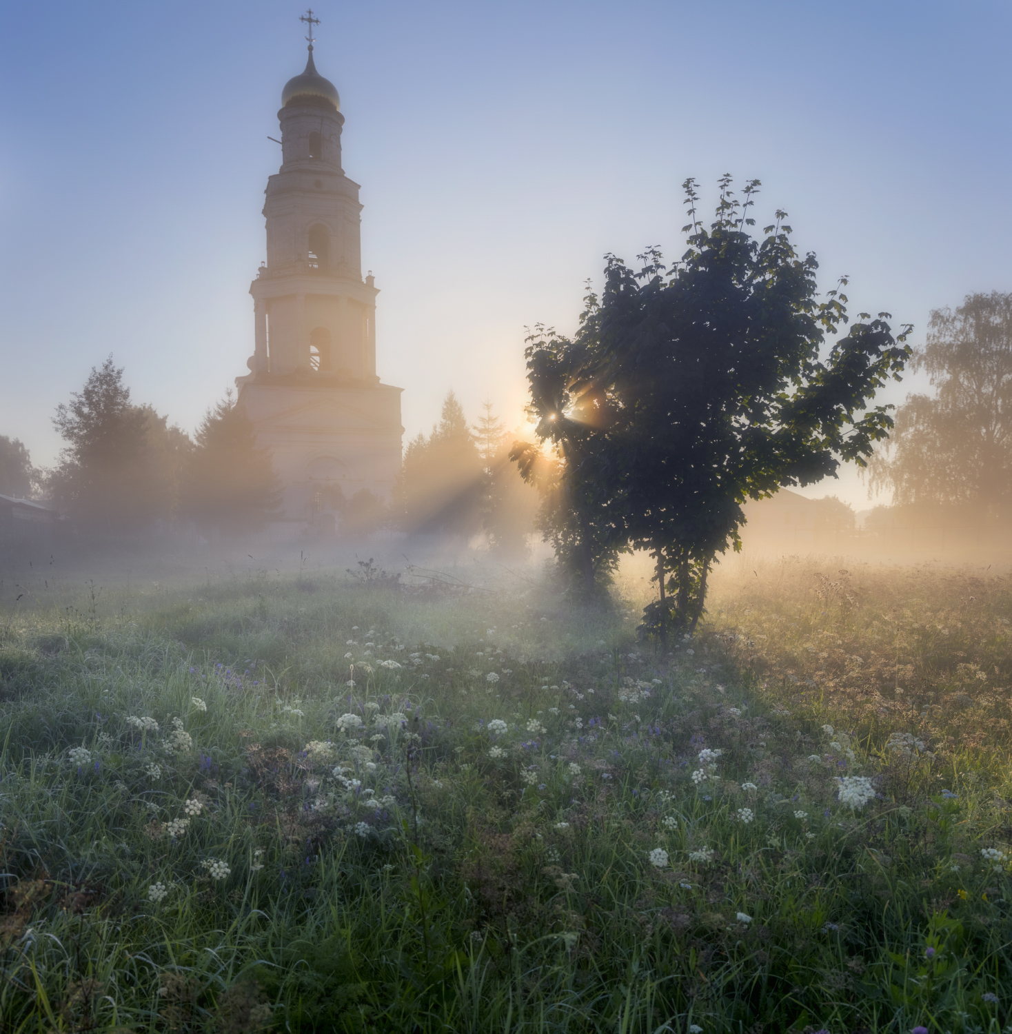 утро рассвет туман солнце восход колокольня, Сергей Буторин