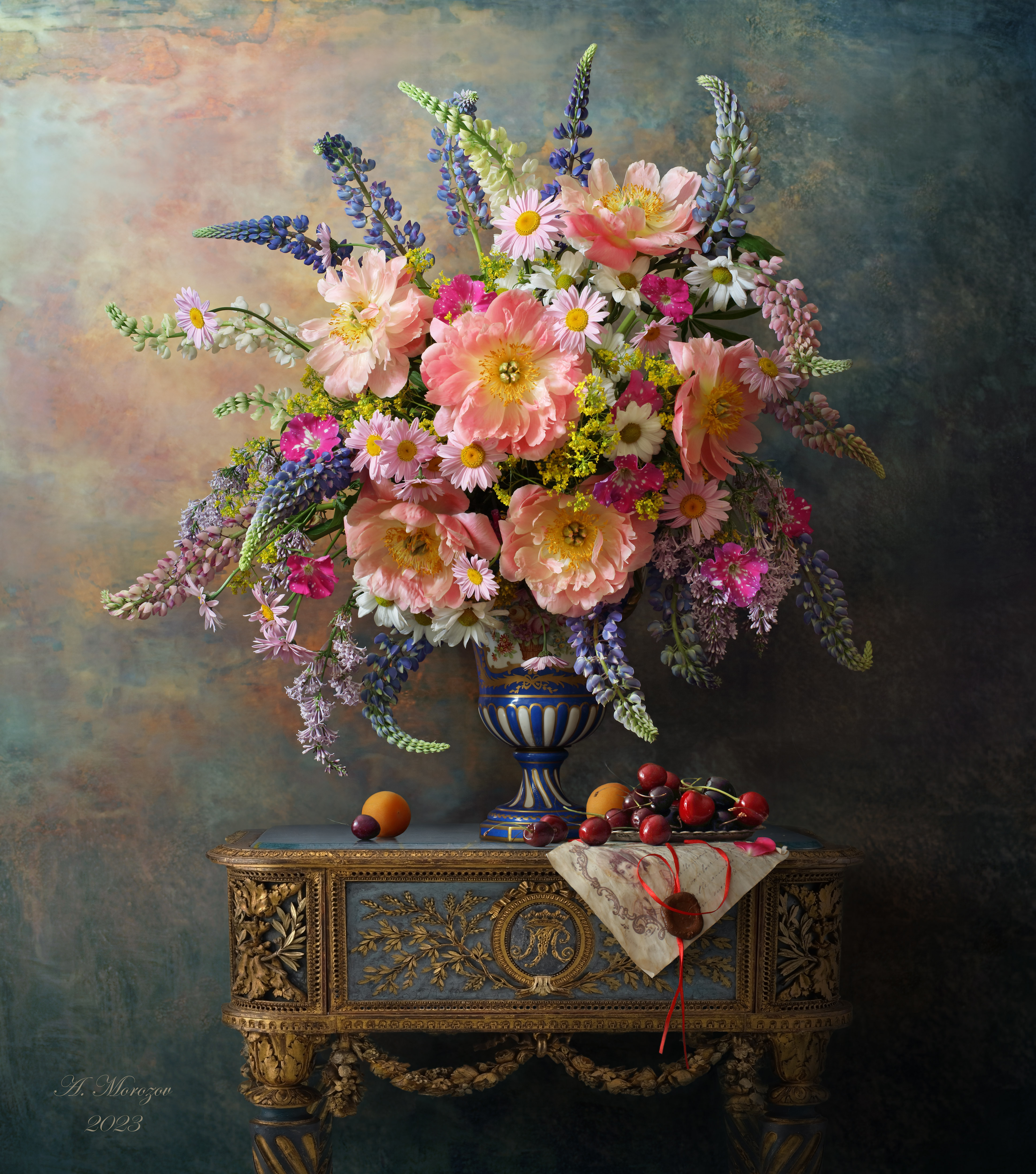цветы, пионы, люпины, ягоды, ваза, стол, Андрей Морозов