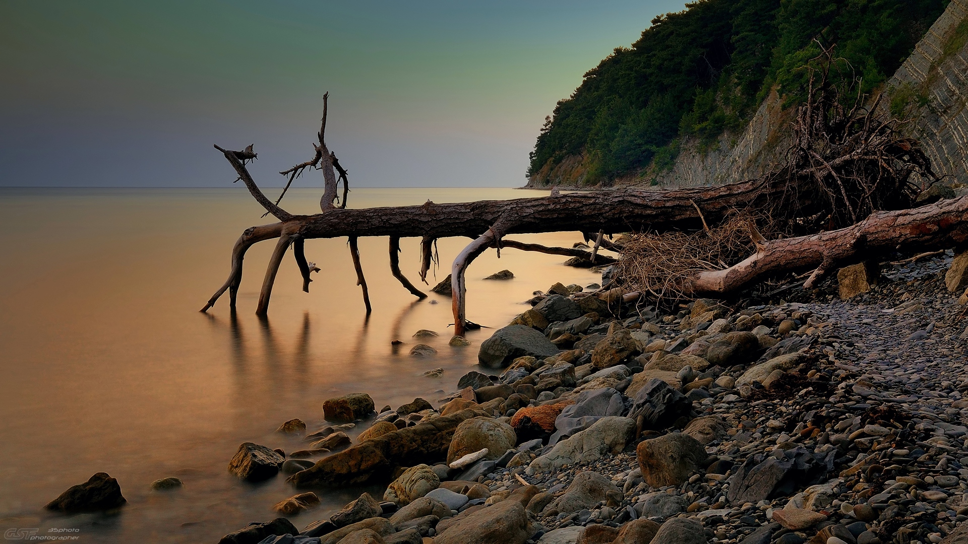природа пейзаж лето море дерево камни закат сумерки, Serj Master