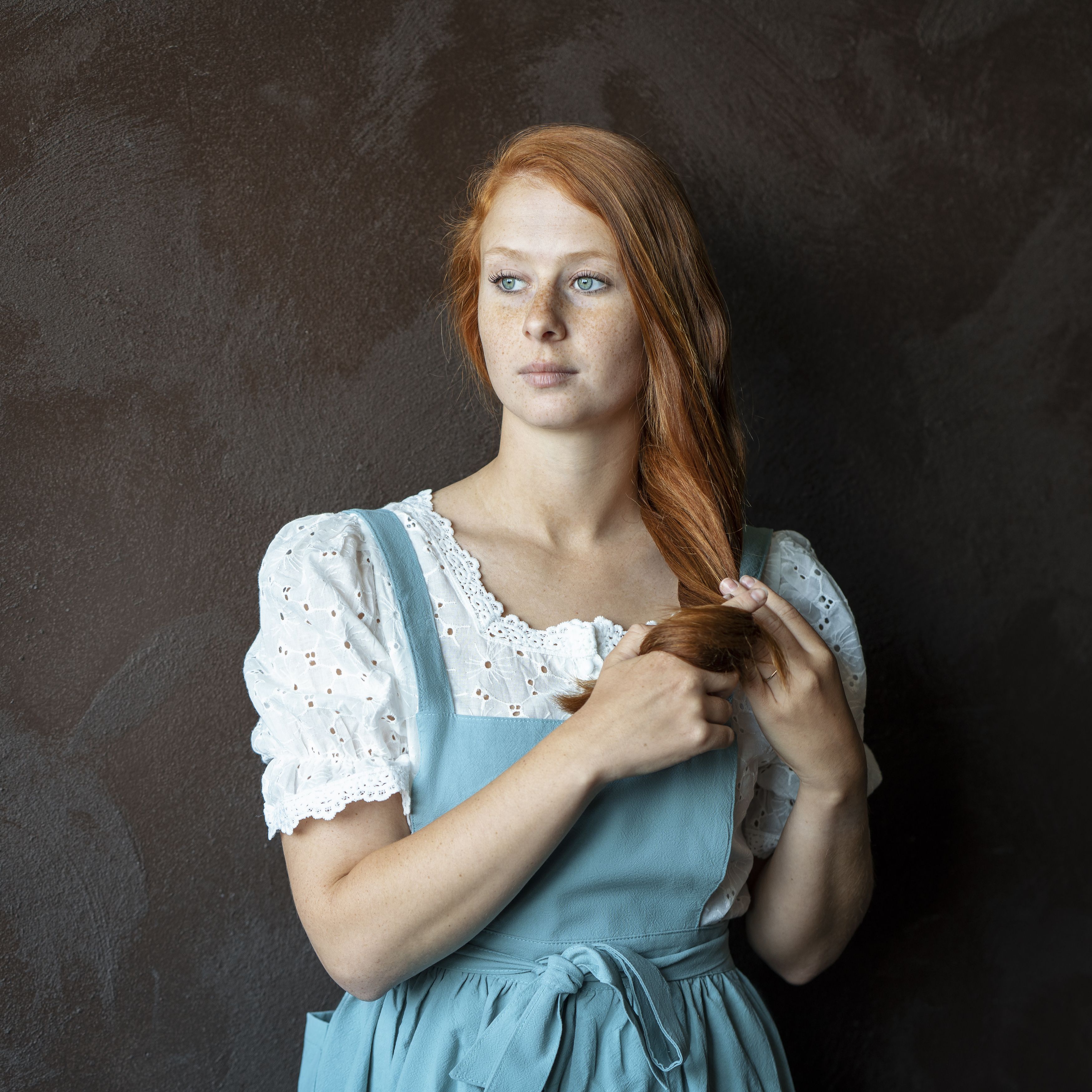 beautiful woman, beauty, clothing, dreaminess, dress, fashion, female, femininity, freckles face, front view, girl, headshot, human face, individuality, indoors, looking, one person, portrait, redhead, shirt, standing, studio shot, young women, Alex Tsarfin