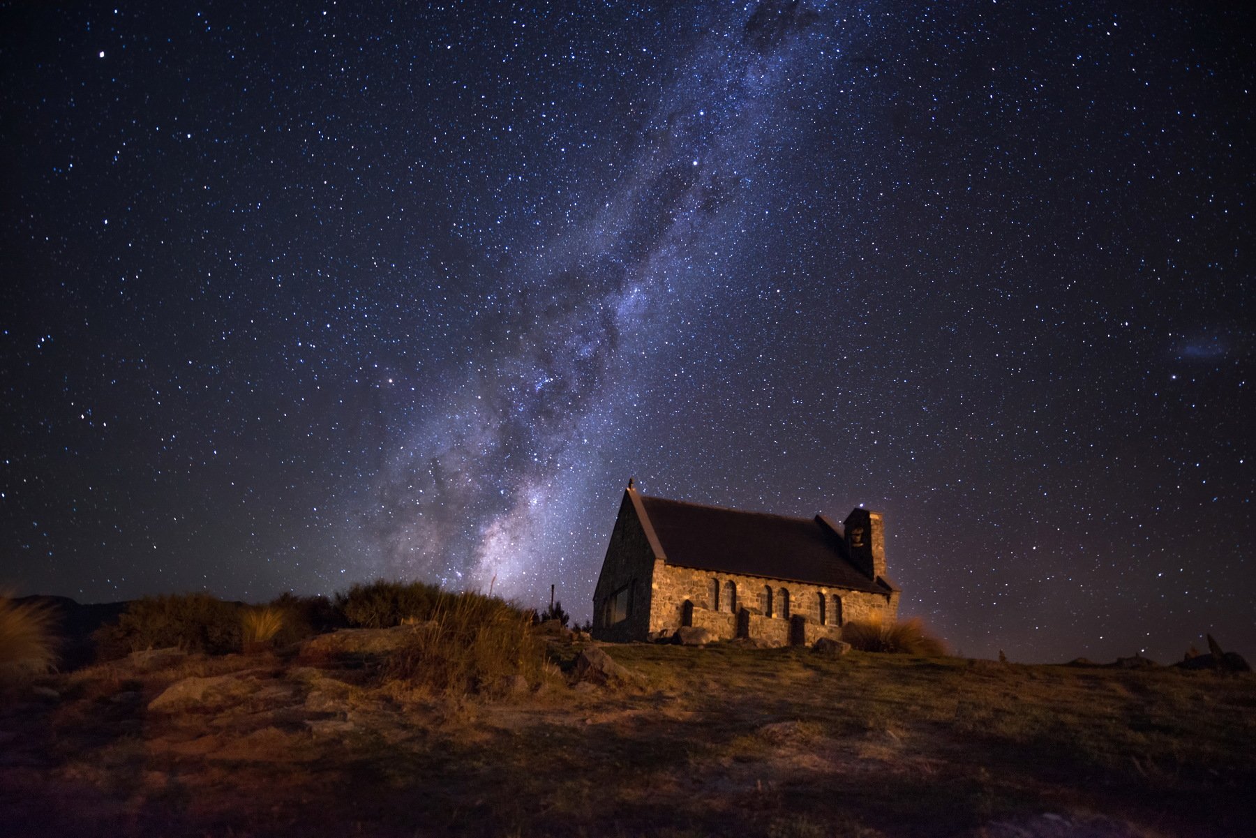 Lake Tekapo, New Zealand, Horizontal, Landscape, Night, Church, Beauty In Nature, Built Structure, Celebrities, Christianity, Church Of The Good Shepherd, Color Image, Grass, Milky Way, Nature, No People, Outdoors, Photography, Sky, Tekapo, Tranquility, T, sarawut intarob