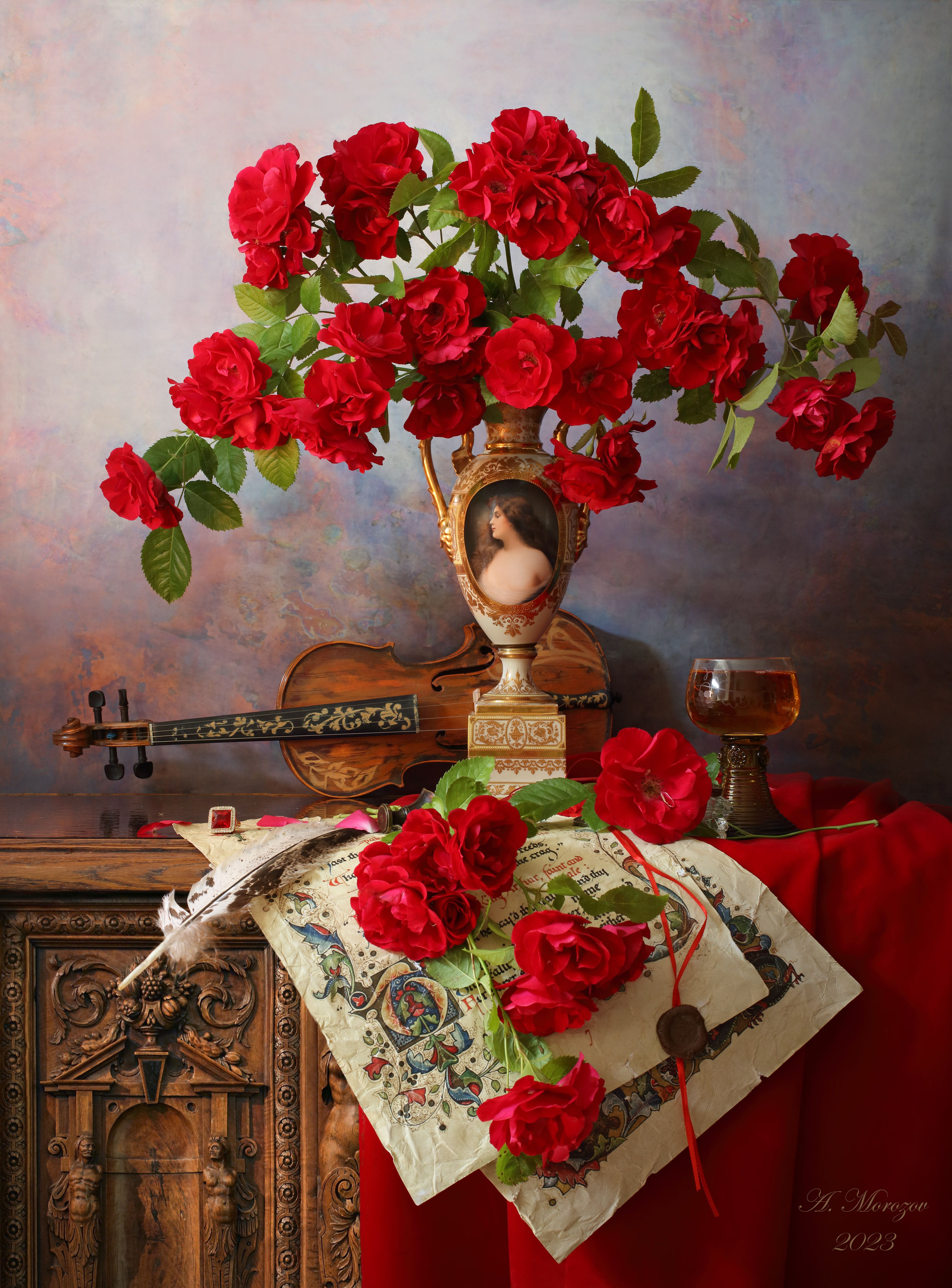 цветы, розы, музыка, скрипка, букет, ваза, девушка, красный, Андрей Морозов