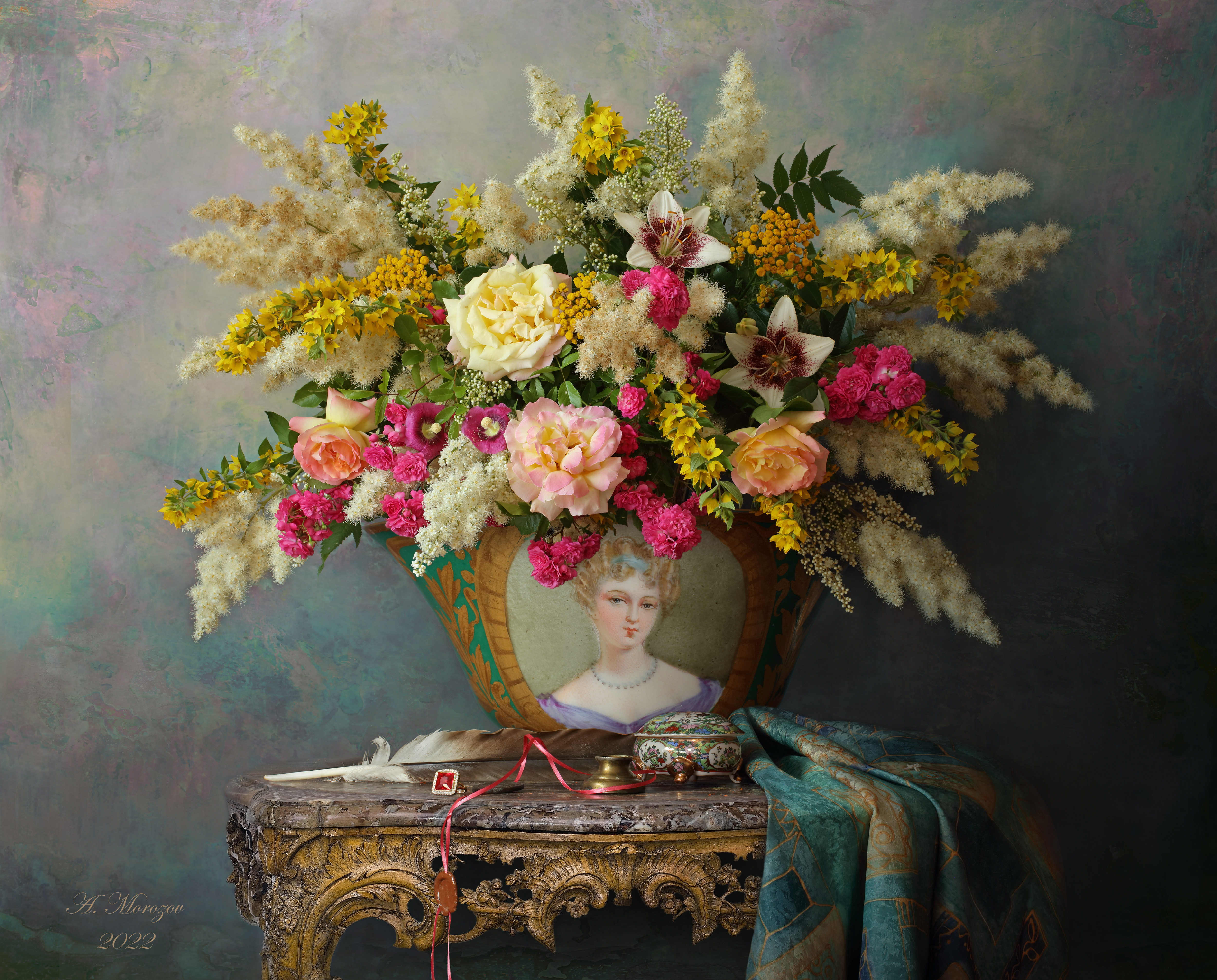 цветы, ваза, розы, лилии, девушка, портрет, Андрей Морозов