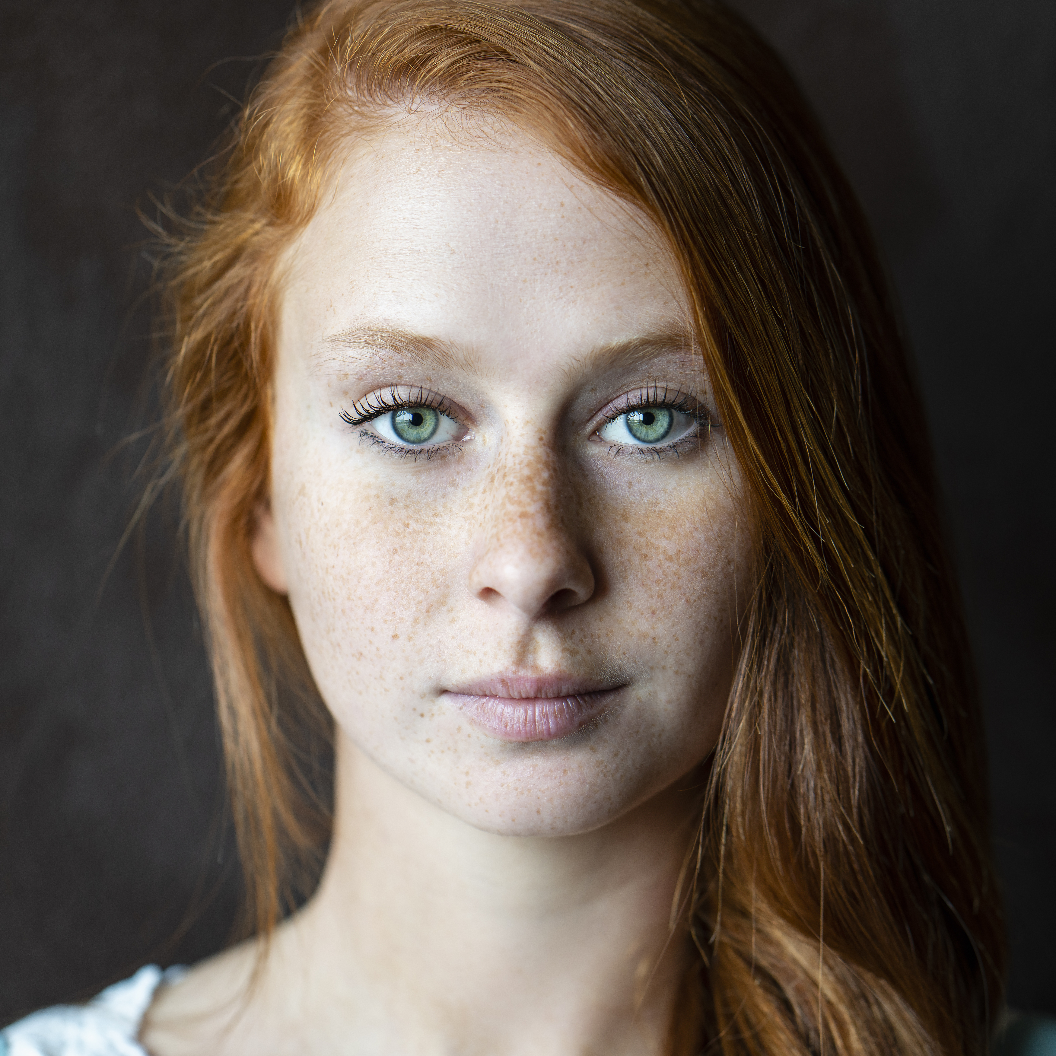 attractive, beautiful woman, beauty, close-up, eyes, female, freckles face, front view, girl, hair, headshot, human face, individuality, indoors, lips, looking at camera, one person, portrait, redhead, studio shot, young women, Alex Tsarfin