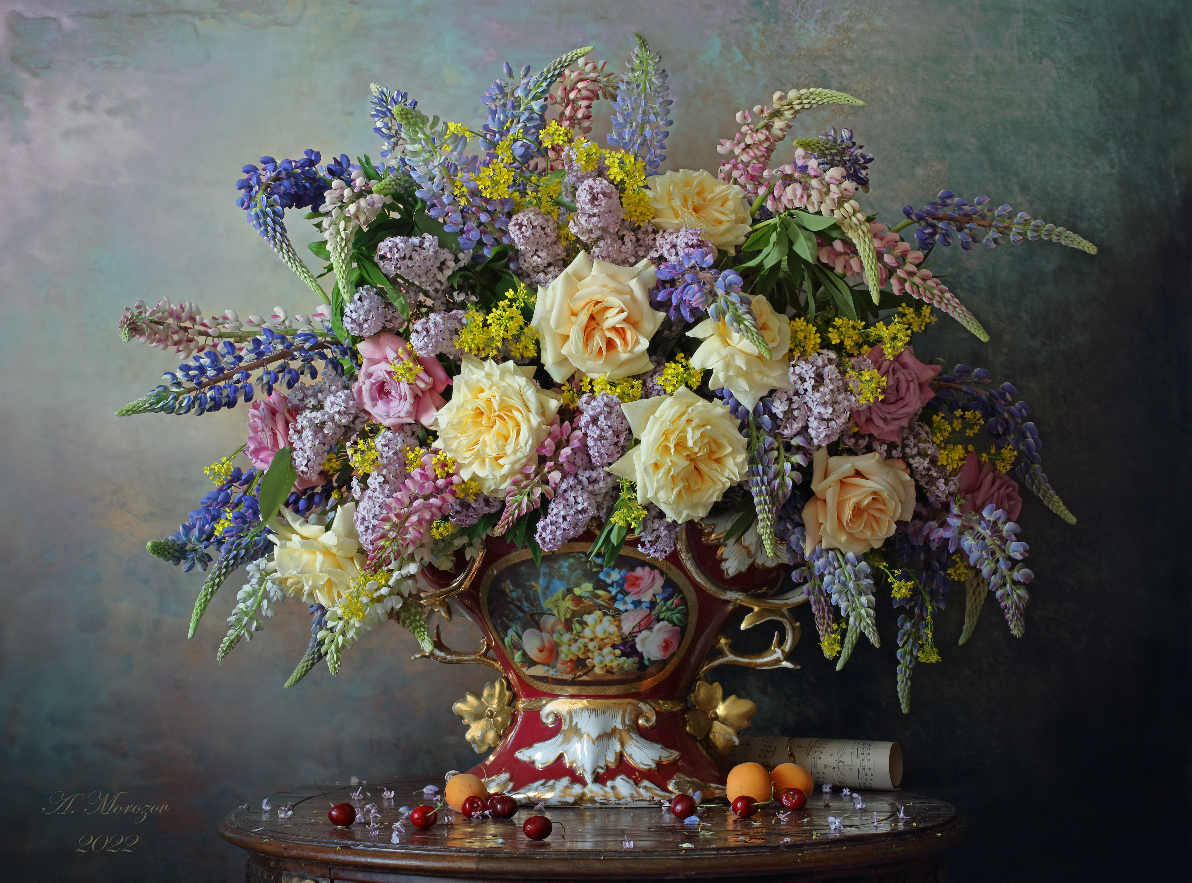 цветы, розы, сирень, люпины, ваза, фрукты, натюрморт, Морозов, Андрей Морозов