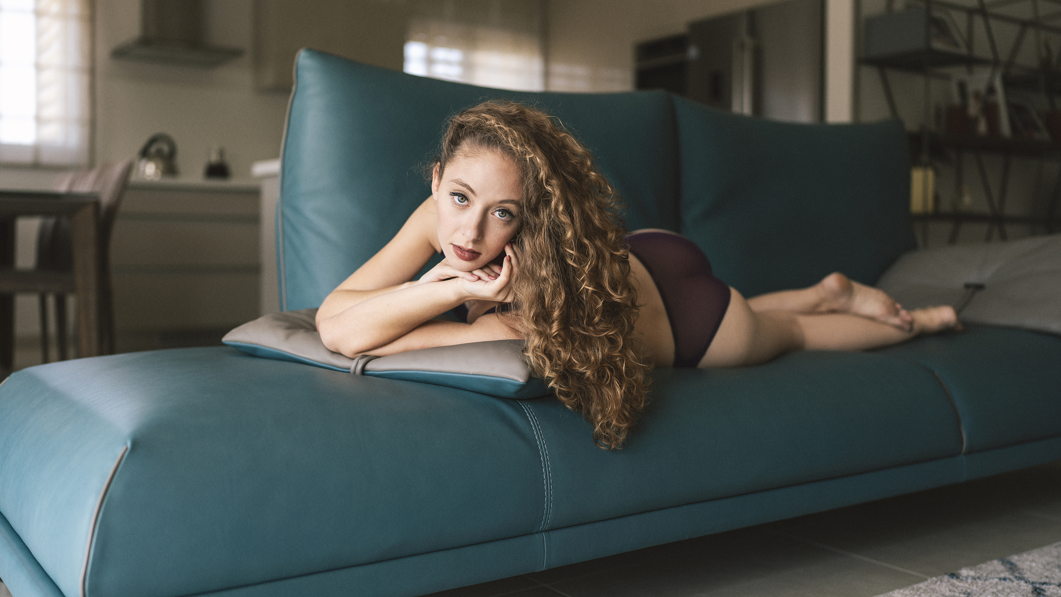 attractive, back view, beautiful woman, beauty, couch, female, femininity, grace, indoors, lifestyles, lingerie, looking at camera, one person, panties, portrait, pose, relaxation, salon, seductive women, sensuality, sofa, underwear, windows, young women, Alex Tsarfin