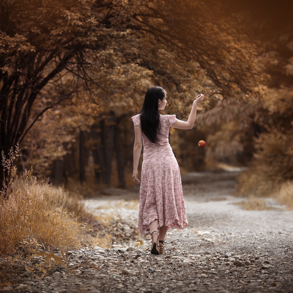 girl,dress,apple,autumn, Боби Костадинов