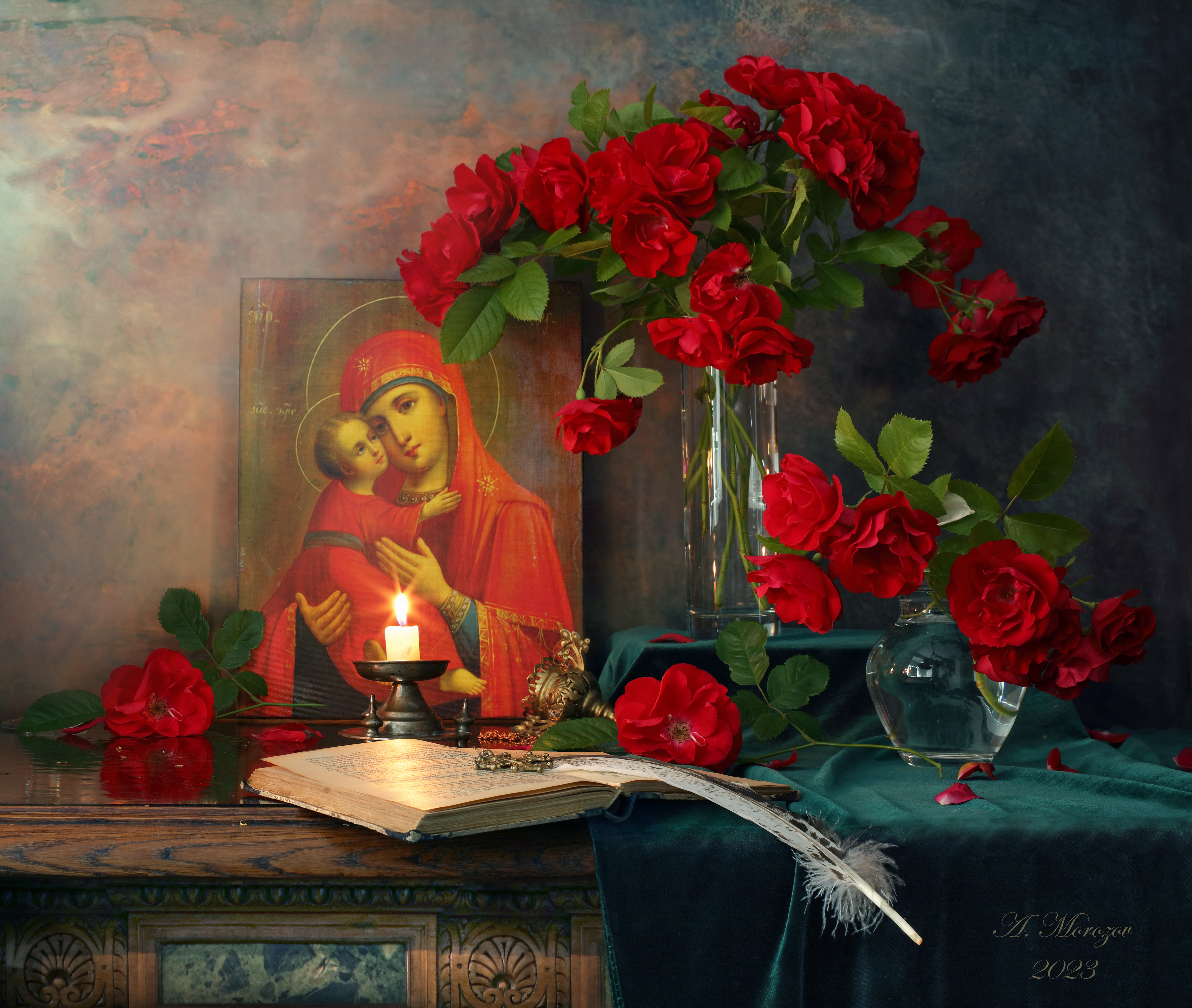 цветы, розы, икона, религия, православие, Богородица, Андрей Морозов