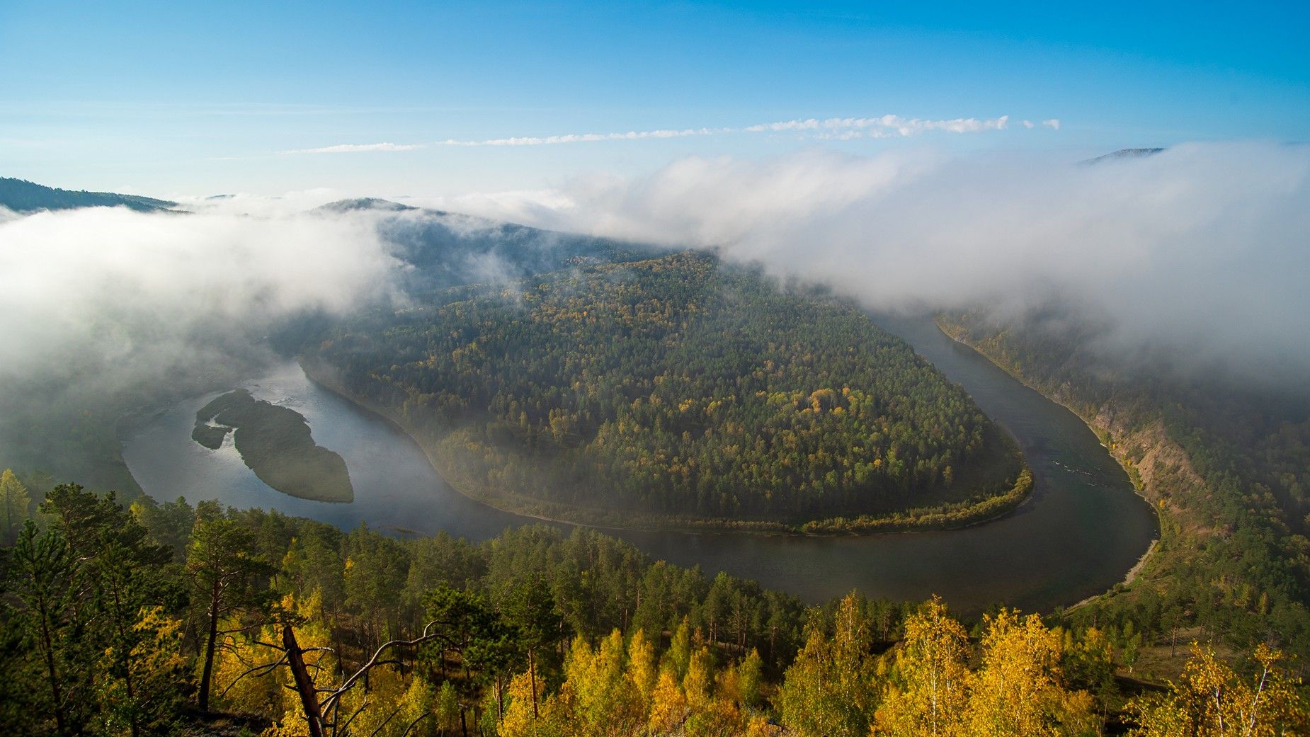 туман, река, мана, осеь, утро, петли, меандры, лес, изгибы, Юрий Мальцев