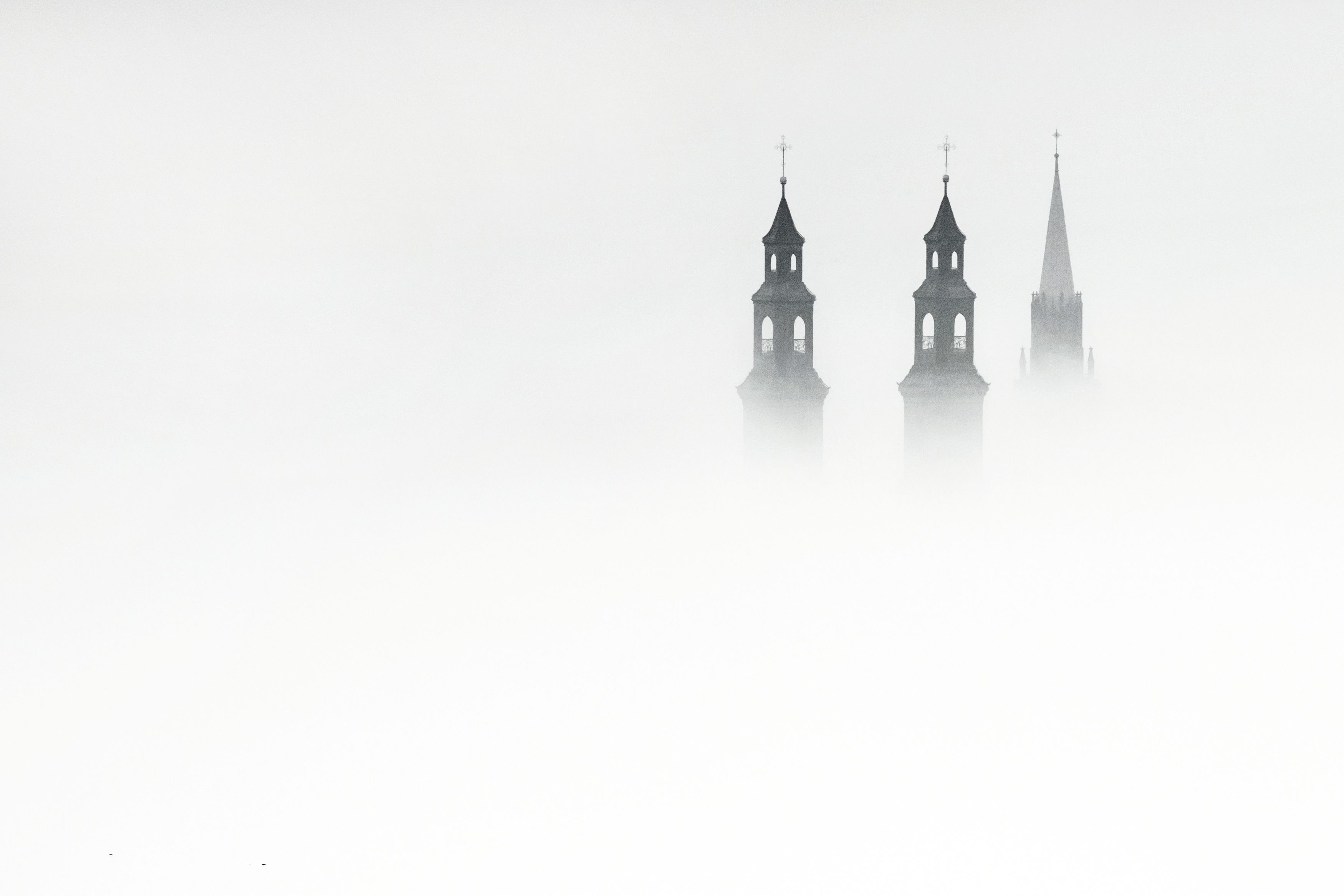 tower  building exteriotower, church, city, urban, fog, smog, Canon, landscape, cityscape, landshaft, black&white, monochrome, minimal, Piekary, Silesia, Poland, Damian Cyfka