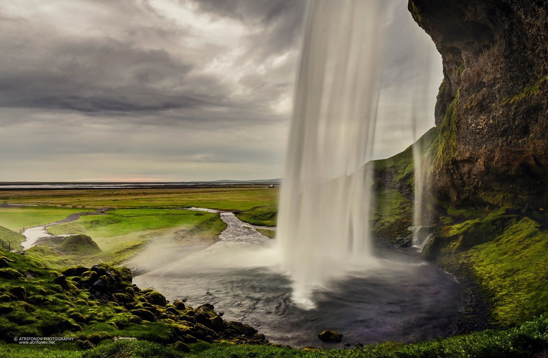 Seljalandsfoss, Iceland, waterfall, landscape, summer, midnight sun, sky, clouds, water, green, nature, behind, storm,, Andrey Trifonov