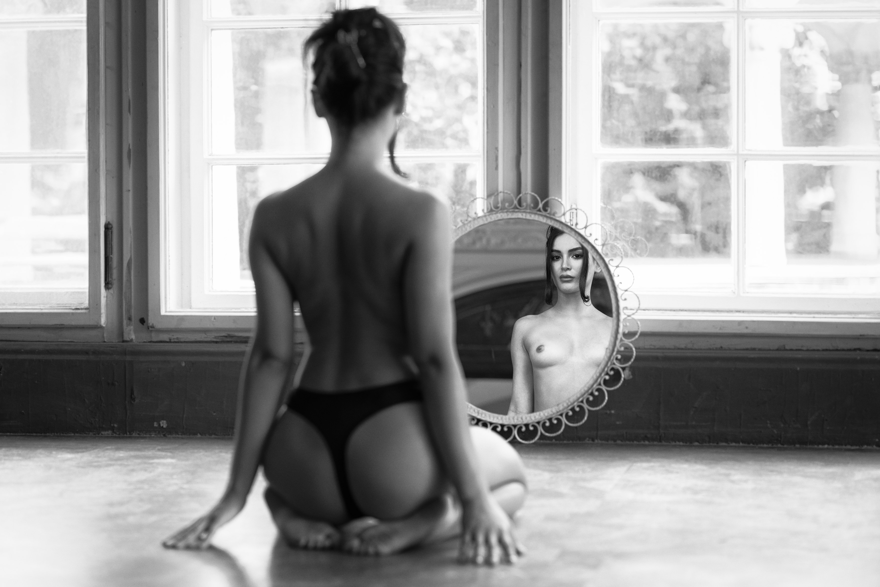 back view, beautiful woman, elegance, eyes, female, grace, hair, hands, individuality, indoors, legs, lips, looking at camera, monochrome, naked, nude, one person, panties, pose, reflection, seductive women, sensuality, sitting, windows, young women, Alex Tsarfin