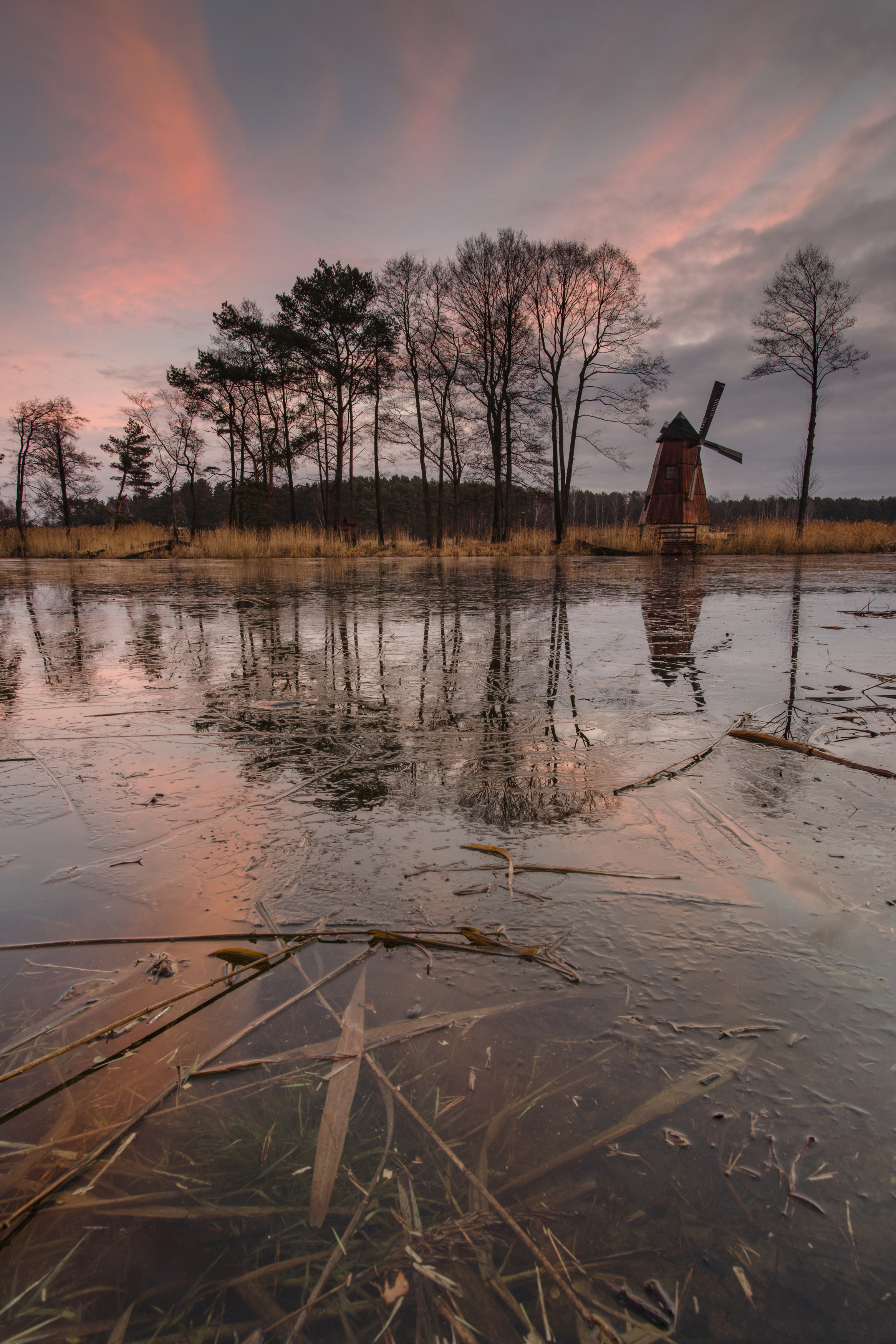 Cyfkafoto, landscapes, windmill, water, lake, pond, clouds, sunrise, reflection, cokin, Damian Cyfka