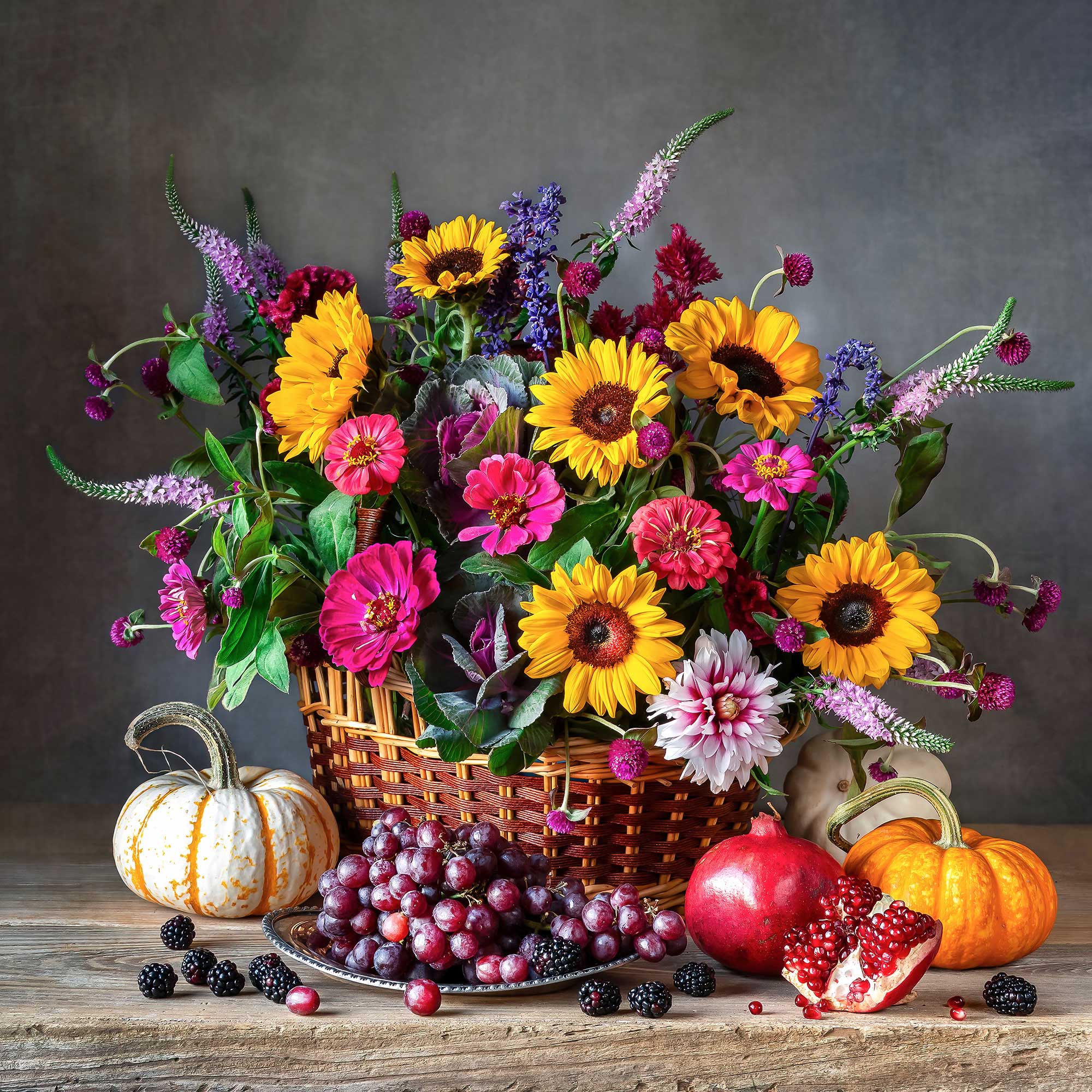 sunflowers, flowers, pumpkins, grapes, pomegranates, autumn, rustic, vibrant fall season, Слуцкая Яна