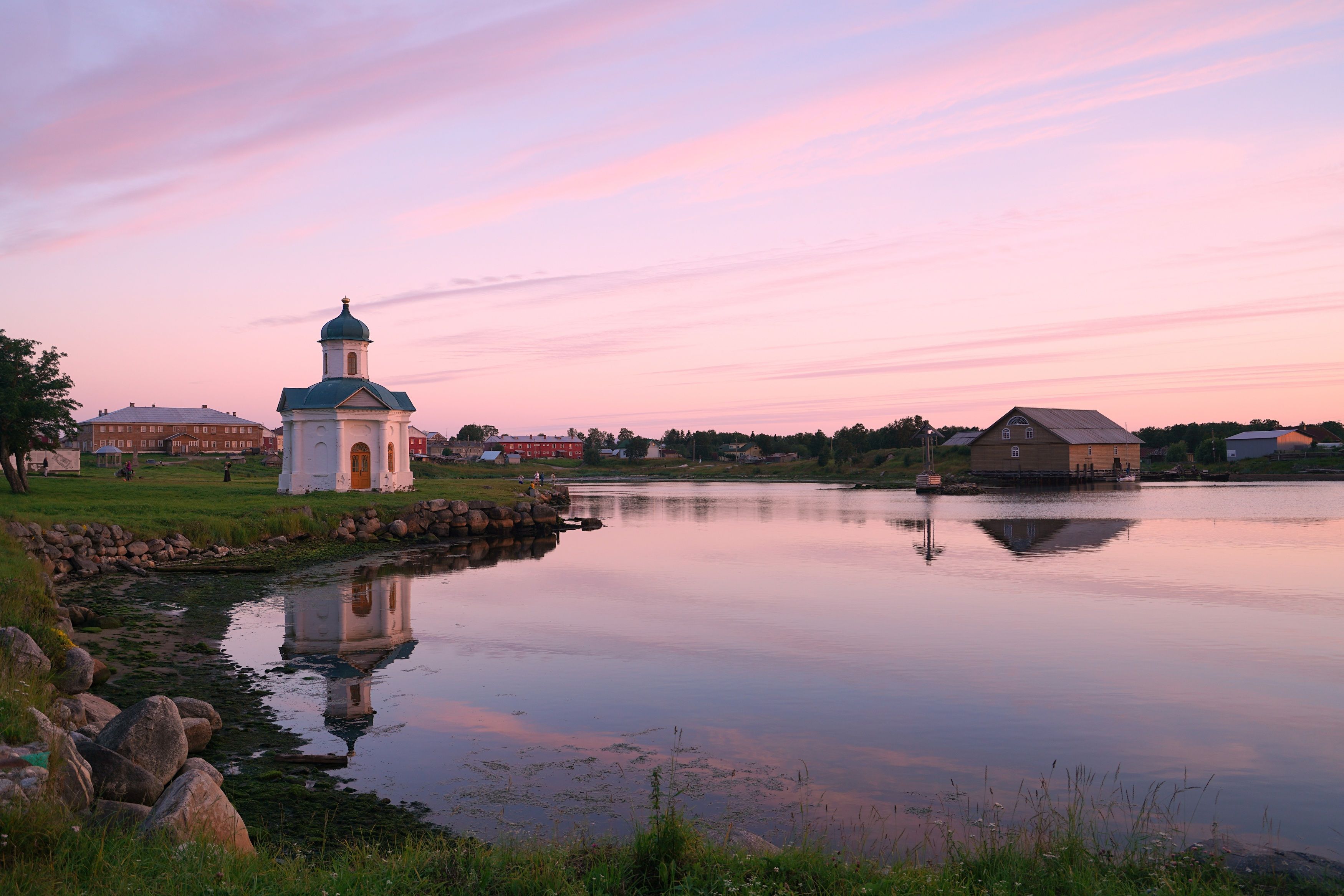 shore, monastery, fortress, reflection, sea, island, sky, summer, landscape, horizon, temple, bastion, symbol, evening, sunset, bay,  Сергей Андреевич