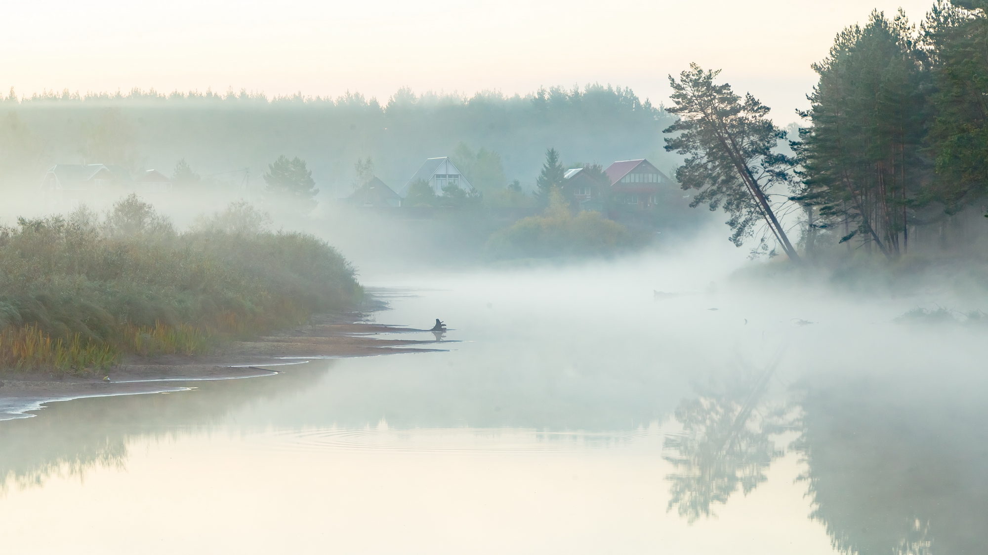 утро, туман, река, деревушка, осень, пейзаж, Юрий Морозов