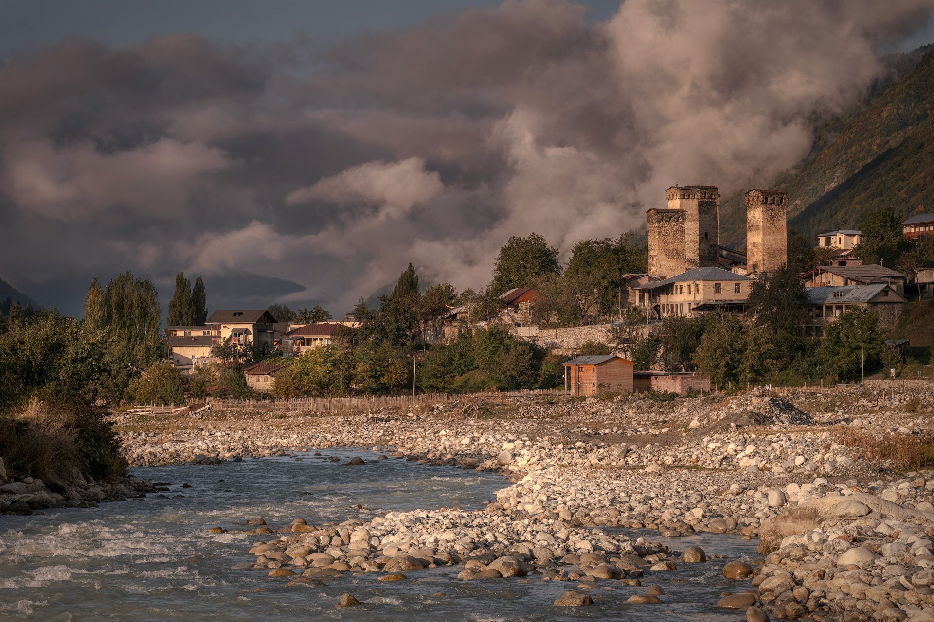 svaneti, mestia, towers, morning, mountain, clouds, sky, autumn, fall, high, landscape, scenery, travel, outdoors, georgia, sakartvelo, chizh, Чиж Андрей