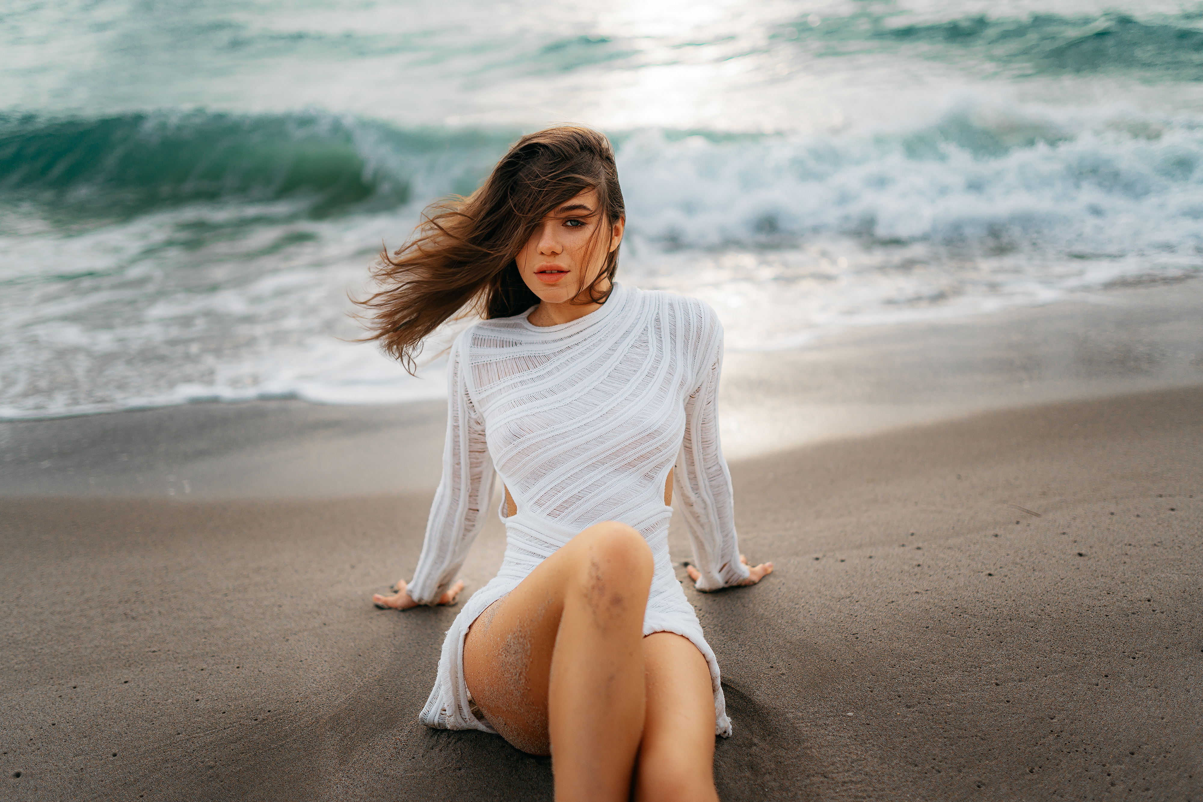 horizontal, outdoors, photography, beach, sea, one person, vacations, lifestyles, young women, leisure activity, beautiful woman, sand, beauty, day, standing, white, blue, ocean, atlantic, summer, beach, sand, face, portrait, eyes, skin, legs, hair, windy, Mykola Novikov