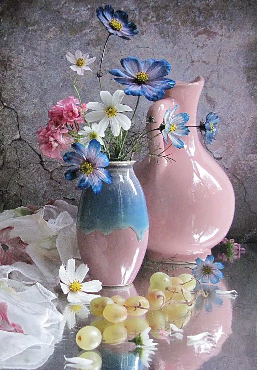 цветы, букет, космея, керамика, виноград, шарф, Наталия Тихомирова