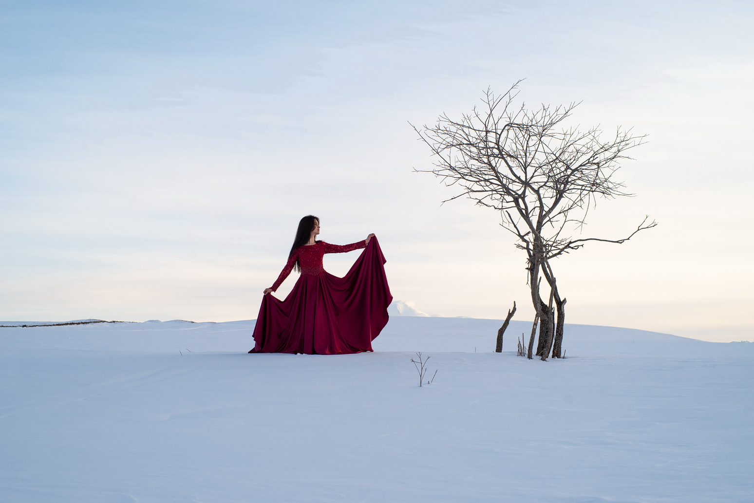 снег, зима, мороз, белый, дерево, модель, платье, красный, танец, Арсен Алабердов