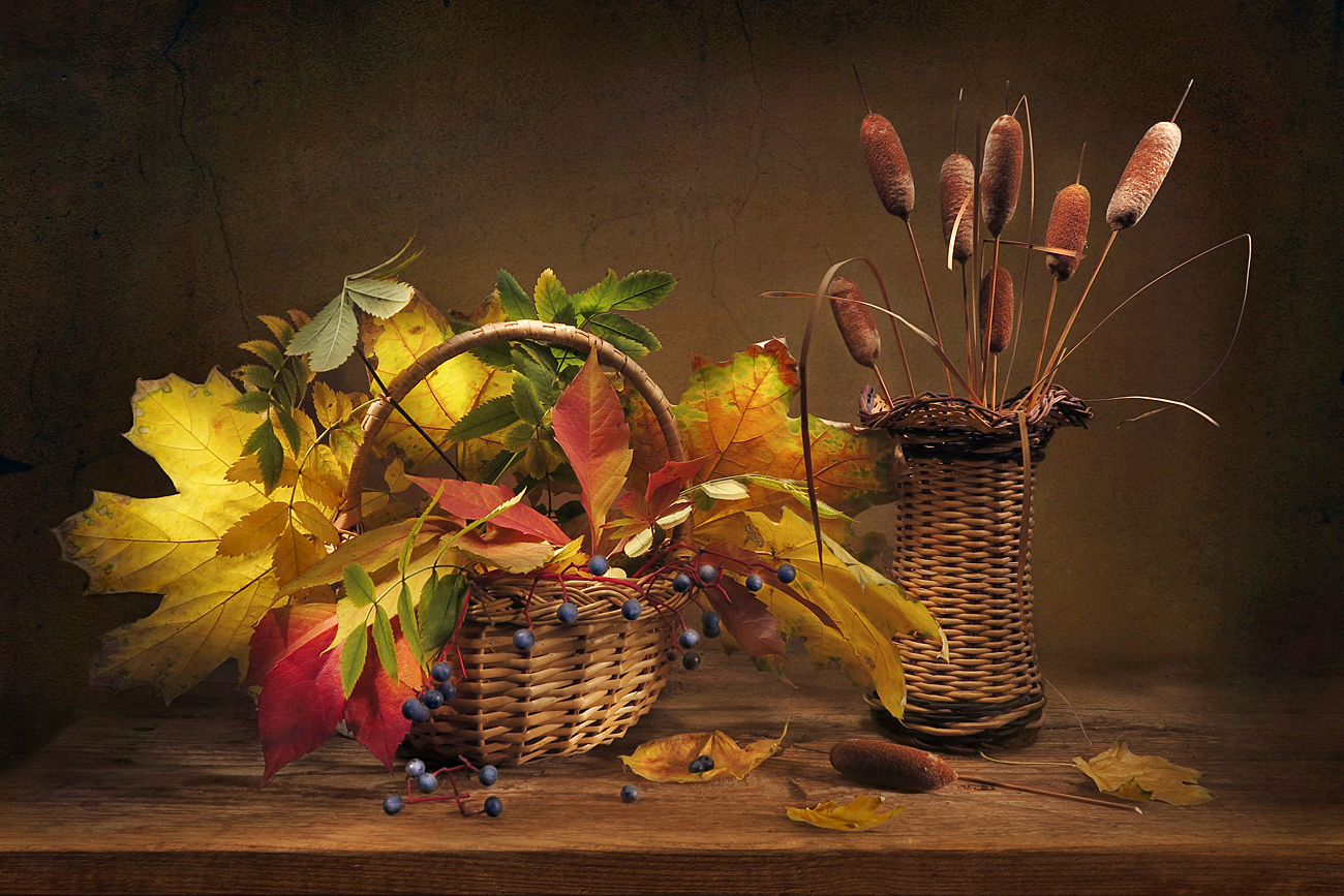натюрморт,осень листья,камыши,корзина,ваза, Алла Шевченко