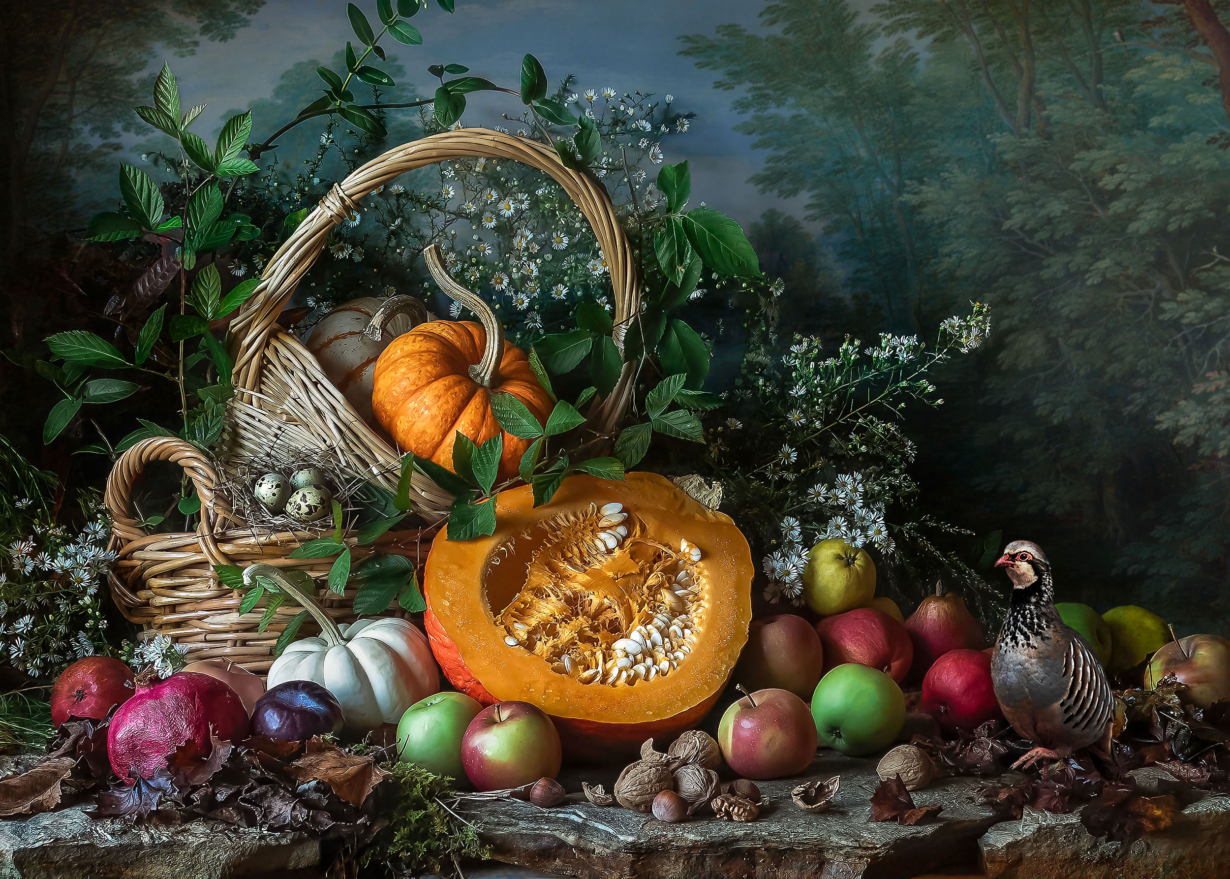 partridge, pumpkins, autumn, harvest, fruit, fantasy, basket, fall, куропатка, still life, тыква, осень, урожай, фрукты, натюрмот, Слуцкая Яна