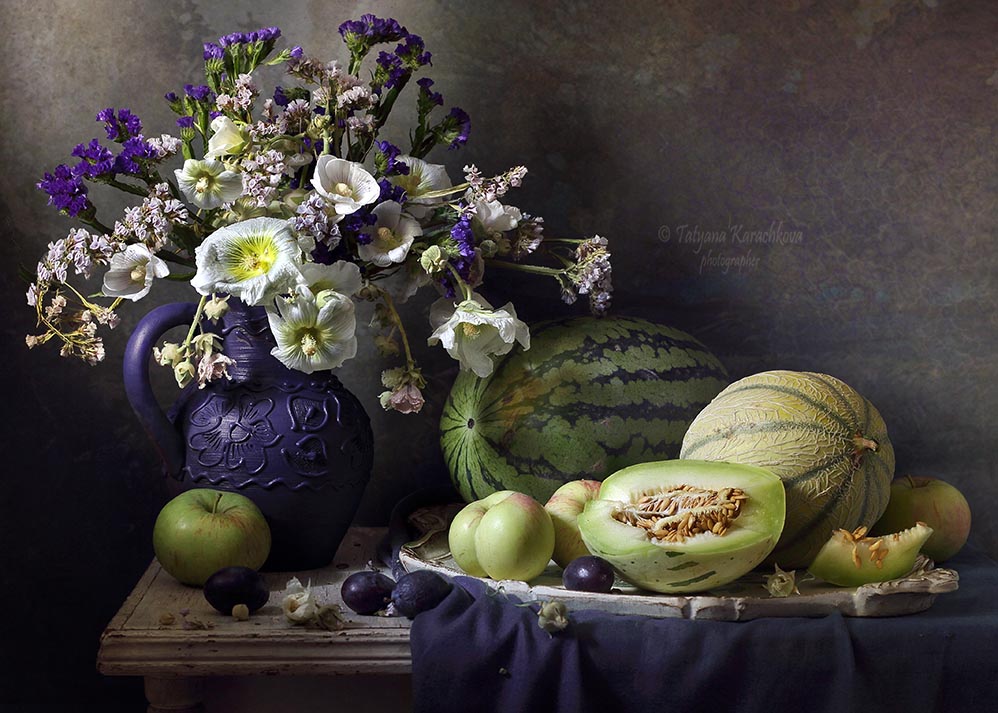 натюрморт, лето, дыня, арбуз, мальвы, цветы, Tatyana Karachkova