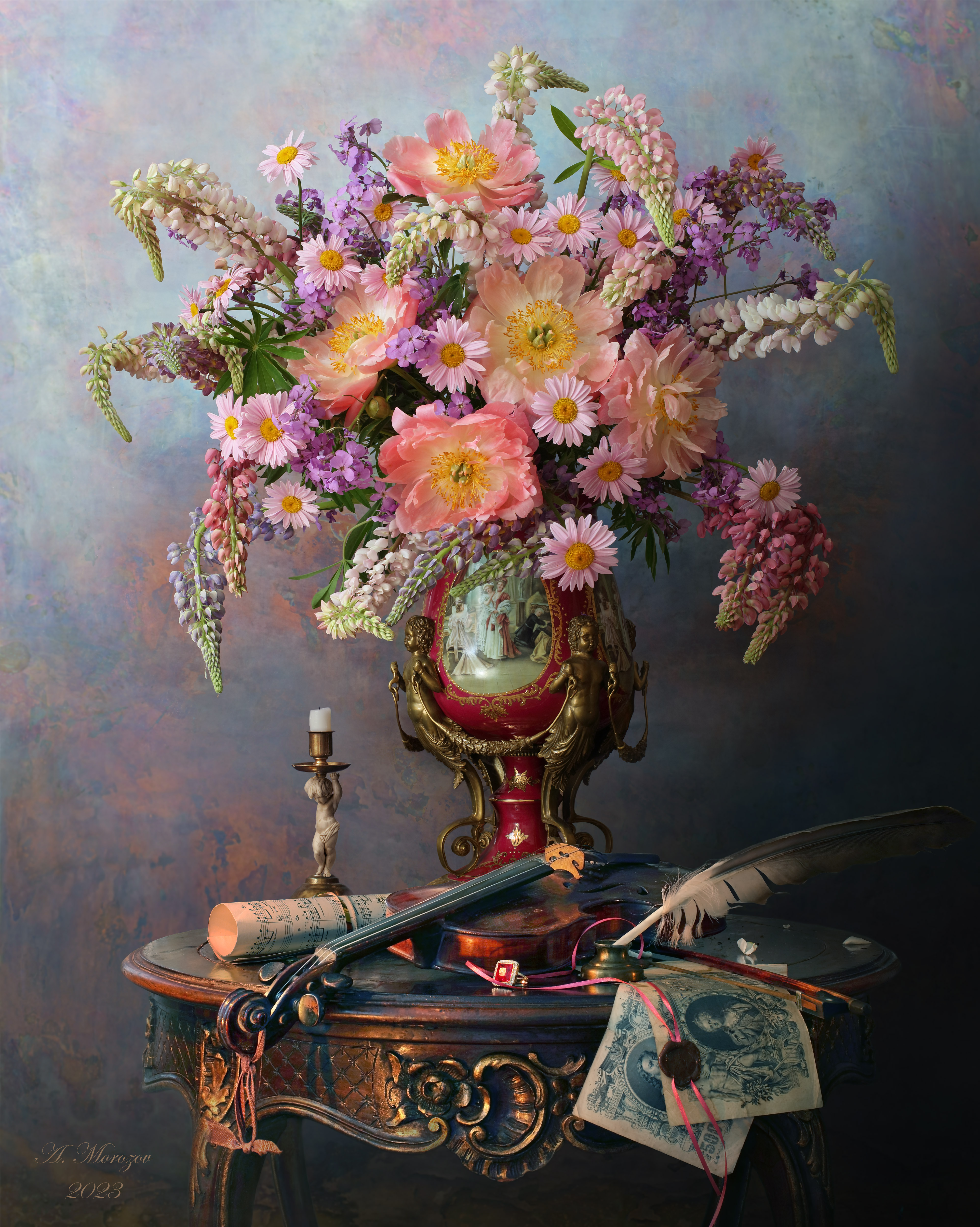 цветы, пионы, люпины, ваза, скрипка, музыка, история, антиквариат , Андрей Морозов