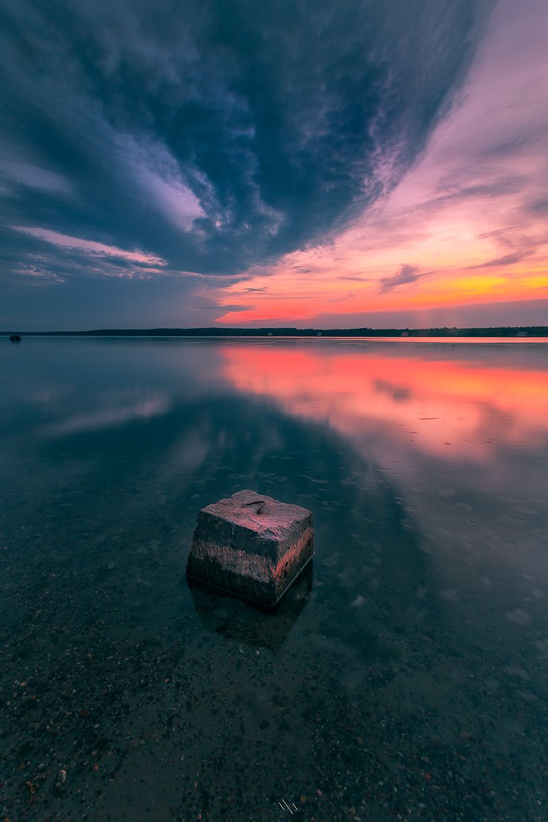 Clouds, Curoniain gulf, Curonian spit, Reflection, Stone, Sunset, Руслан Болгов (Axe)